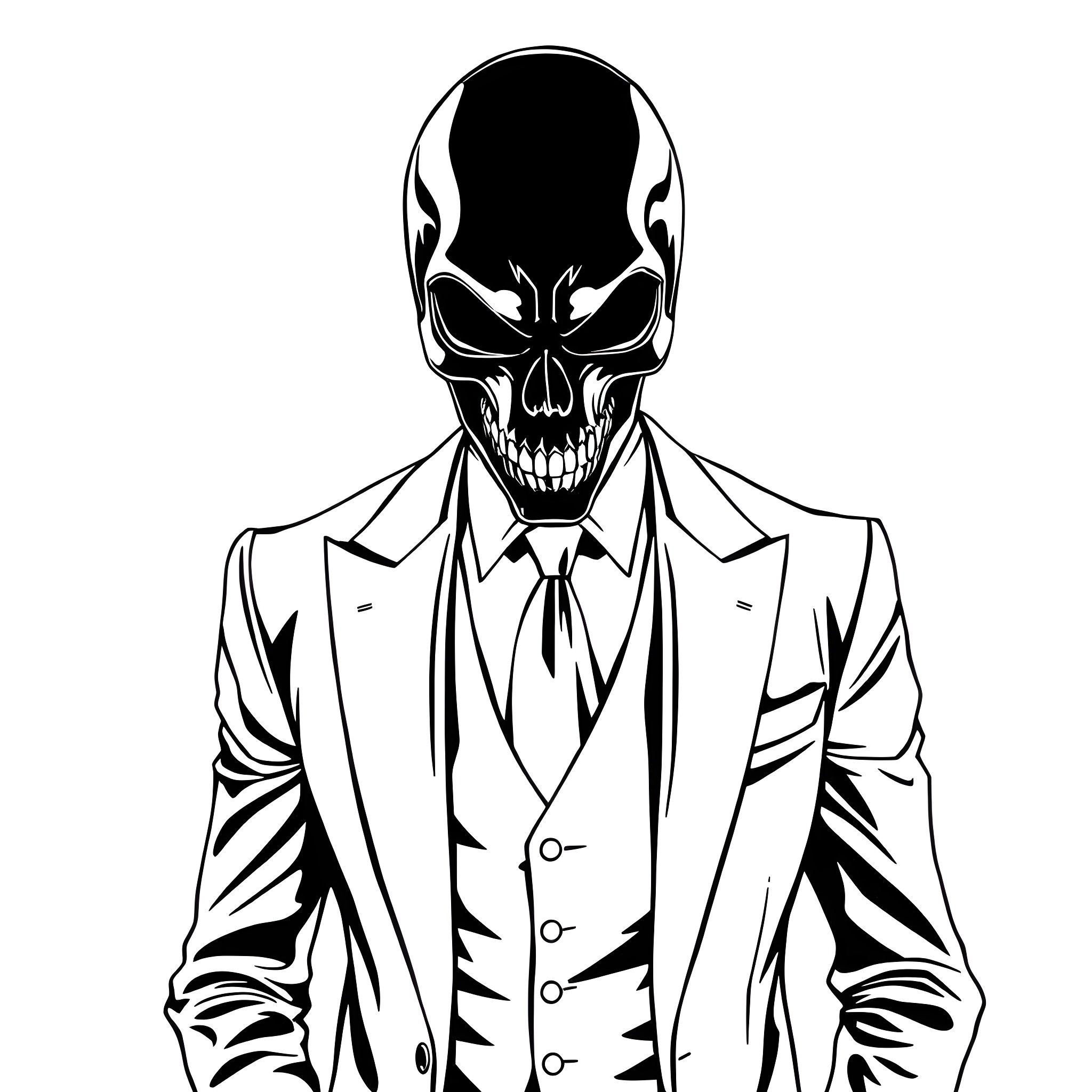 Mask of a Menacing Skull in Formal Attire Coloring Page (free black-and-white line drawing printable PDF for all, from beginners to advanced learners, including children, teens, adults, and seniors)