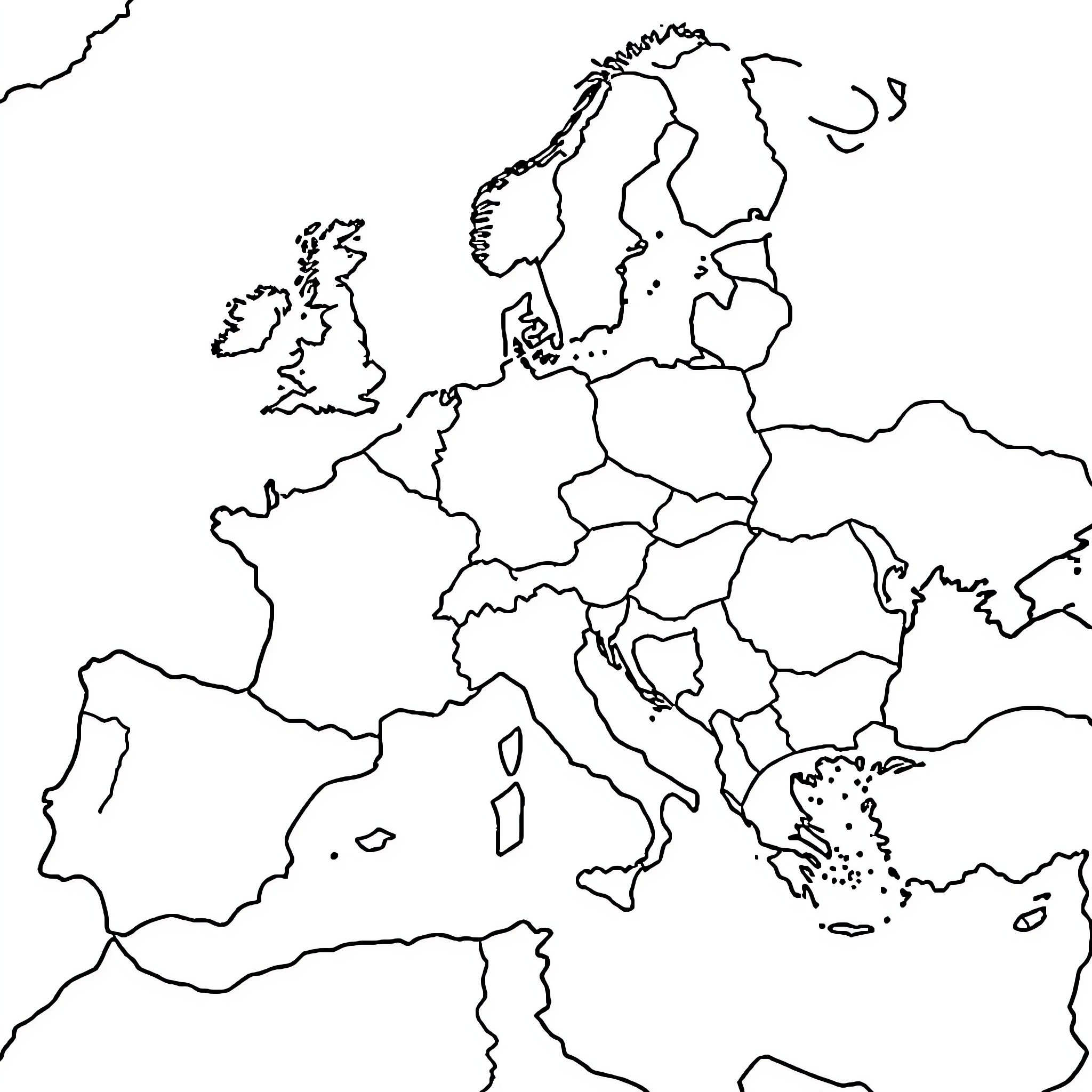 History and Geography: Outline map of Europe Coloring Page (free black-and-white line drawing printable PDF for all, from beginners to advanced learners, including children, teens, adults, and seniors)