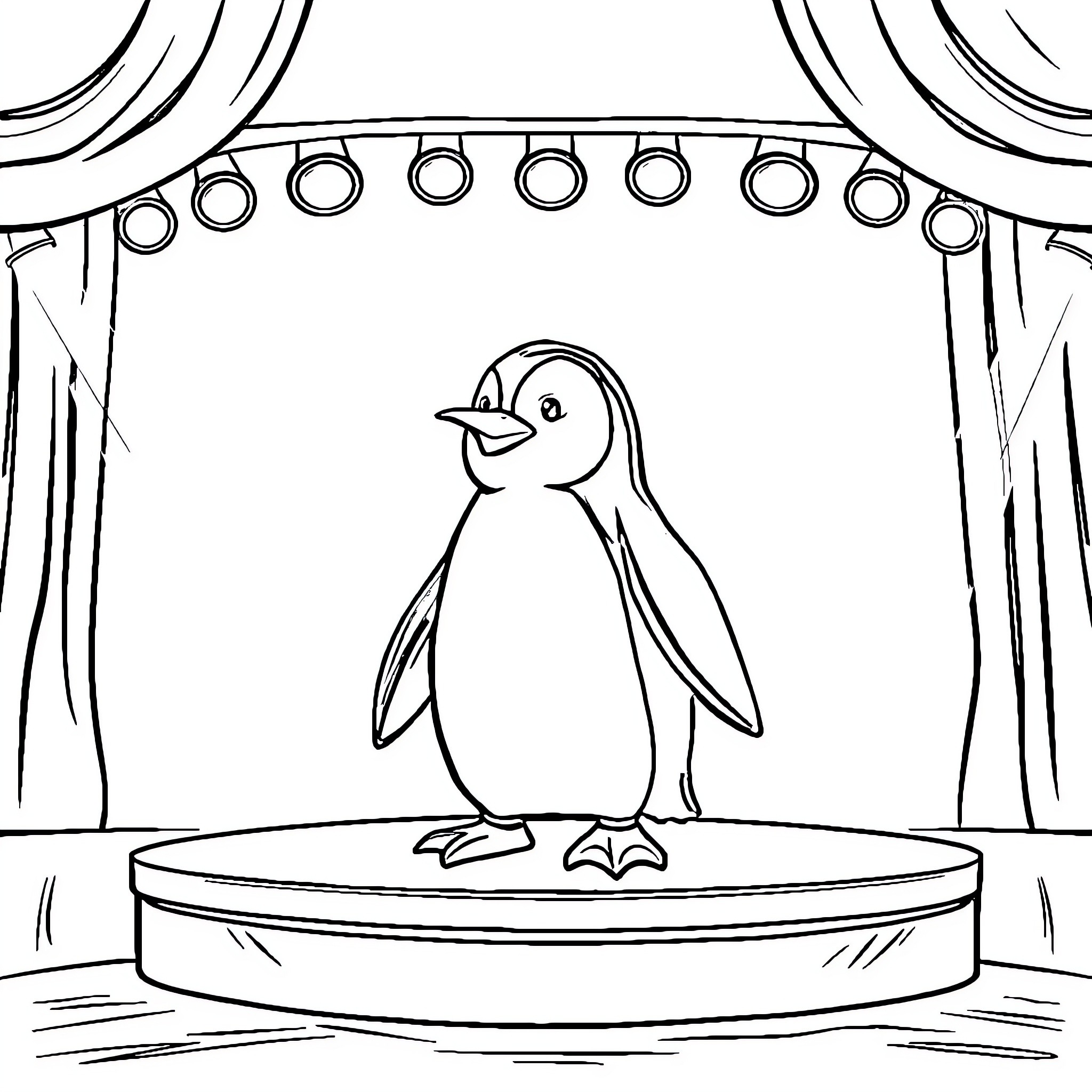 Penguin performing on stage Coloring Page (free black-and-white line drawing printable PDF for all, from beginners to advanced learners, including children, teens, adults, and seniors)