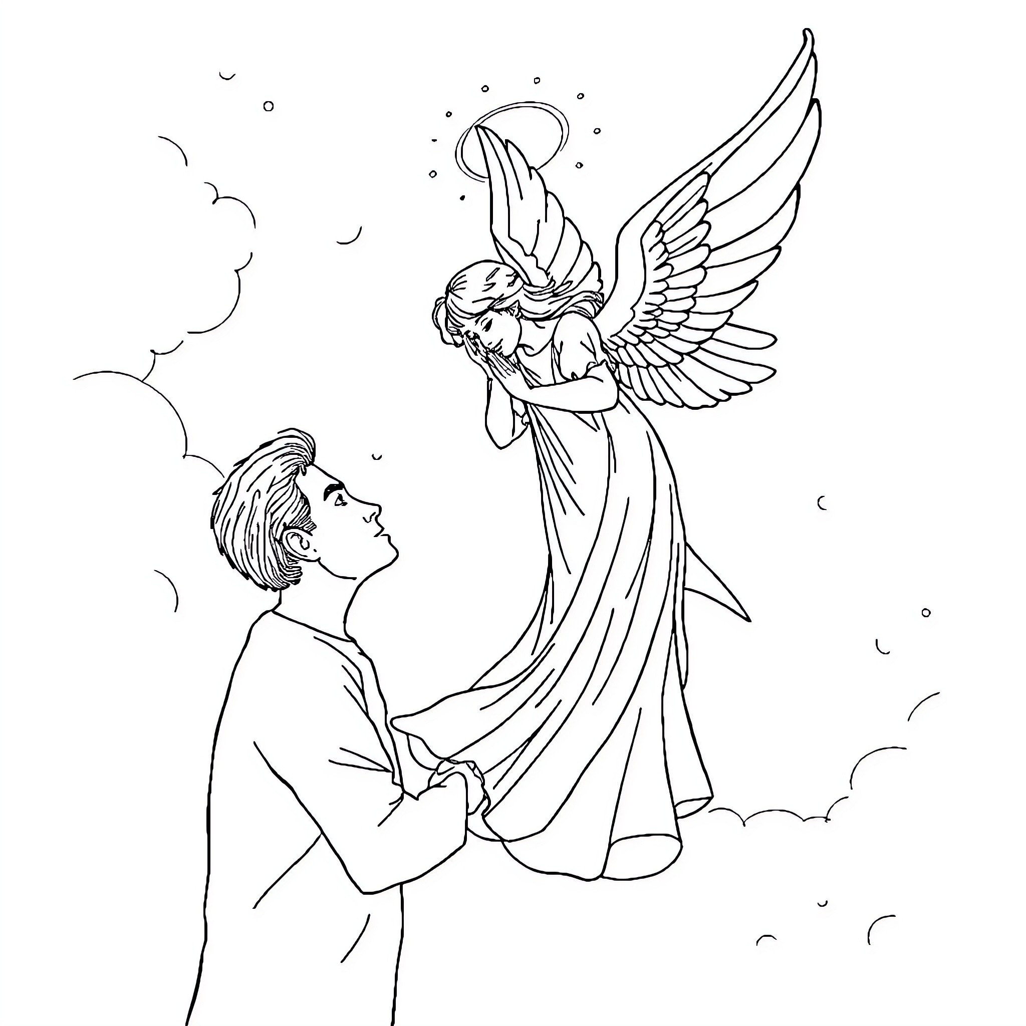 Angel offering guidance to a person in need Coloring Page (free black-and-white line drawing printable PDF for all, from beginners to advanced learners, including children, teens, adults, and seniors)