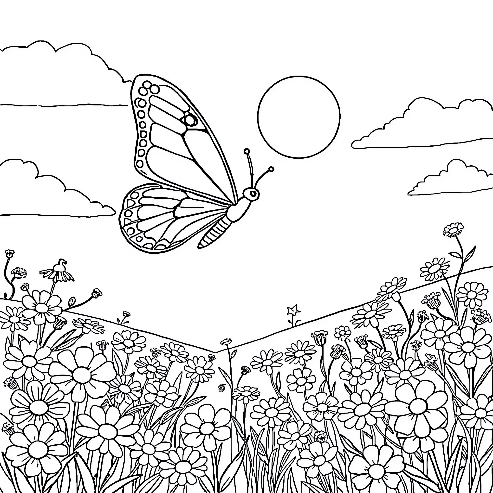 Butterfly soaring over a vibrant floral meadow Coloring Page (free black-and-white line drawing printable PDF for all, from beginners to advanced learners, including children, teens, adults, and seniors)