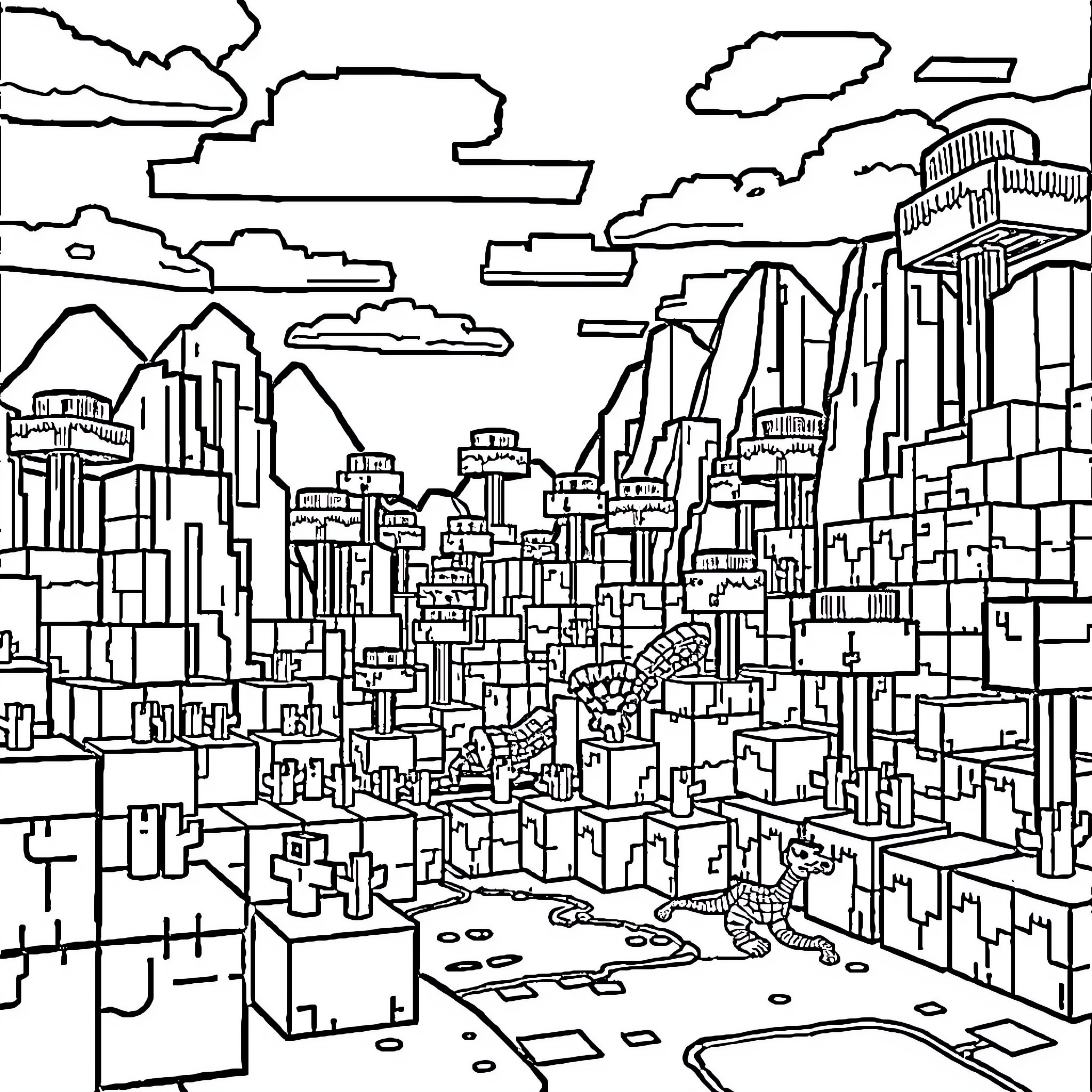 Minecraft Cityscape with Towering Skyscrapers Coloring Page (free black-and-white line drawing printable PDF for all, from beginners to advanced learners, including children, teens, adults, and seniors)