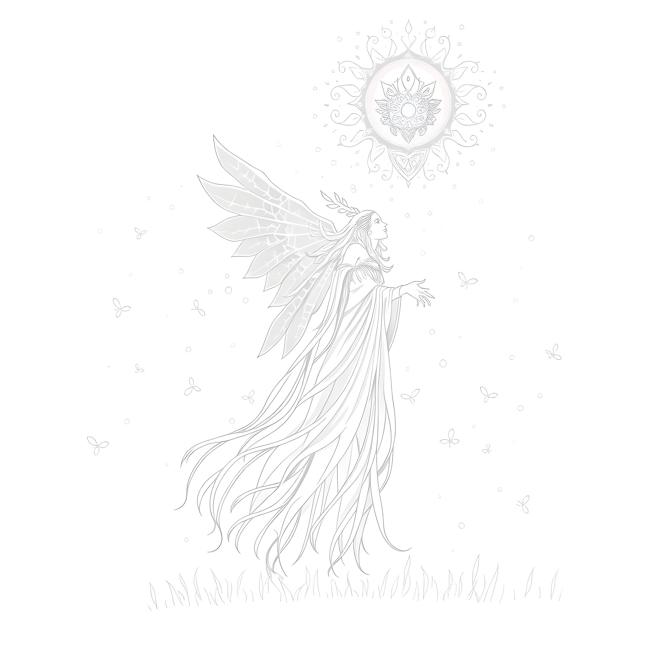 Spirit of the Ethereal Fairy Coloring Page (free black-and-white line drawing printable PDF for all, from beginners to advanced learners, including children, teens, adults, and seniors)