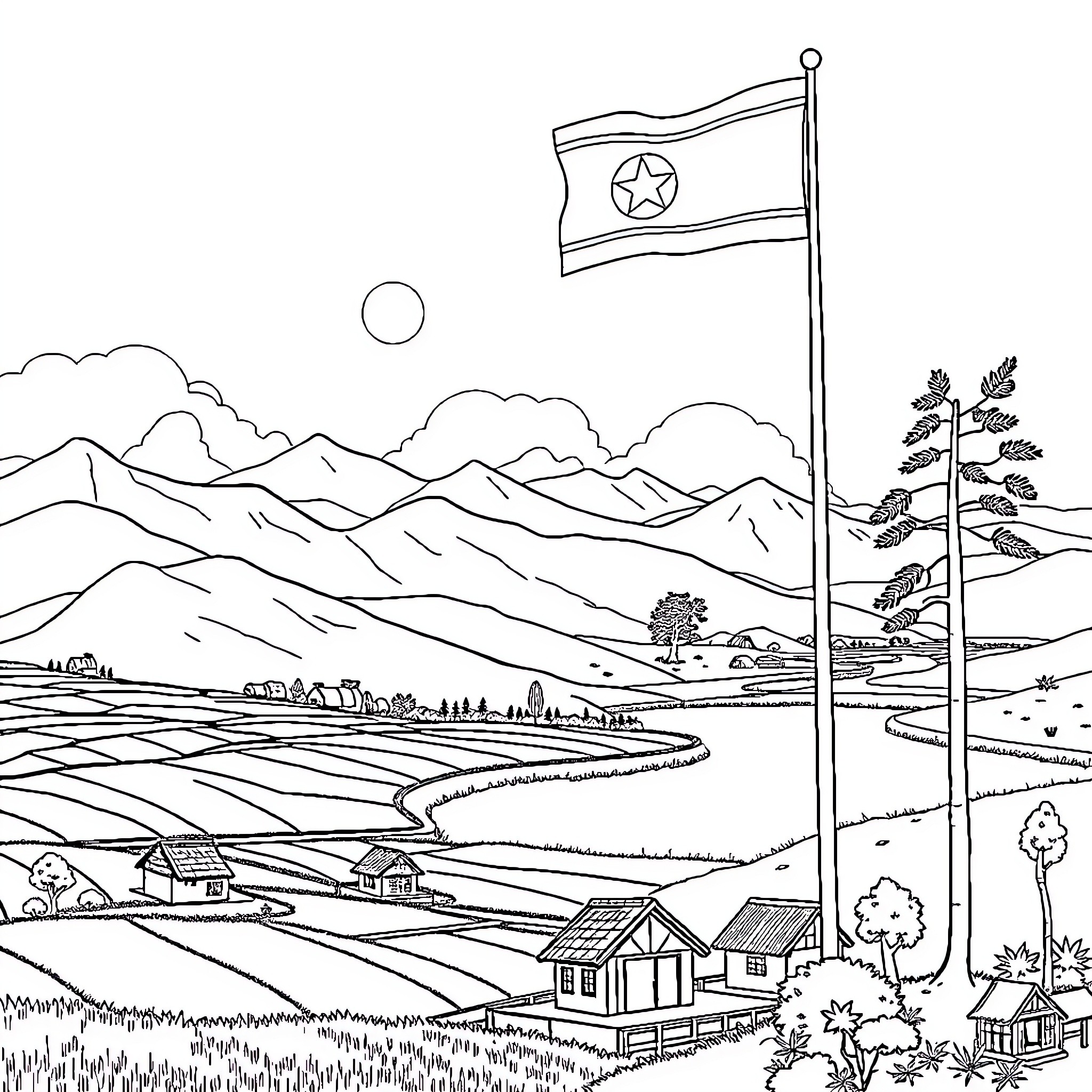 Landscape with rural buildings and waving flag Coloring Page (free black-and-white line drawing printable PDF for all, from beginners to advanced learners, including children, teens, adults, and seniors)