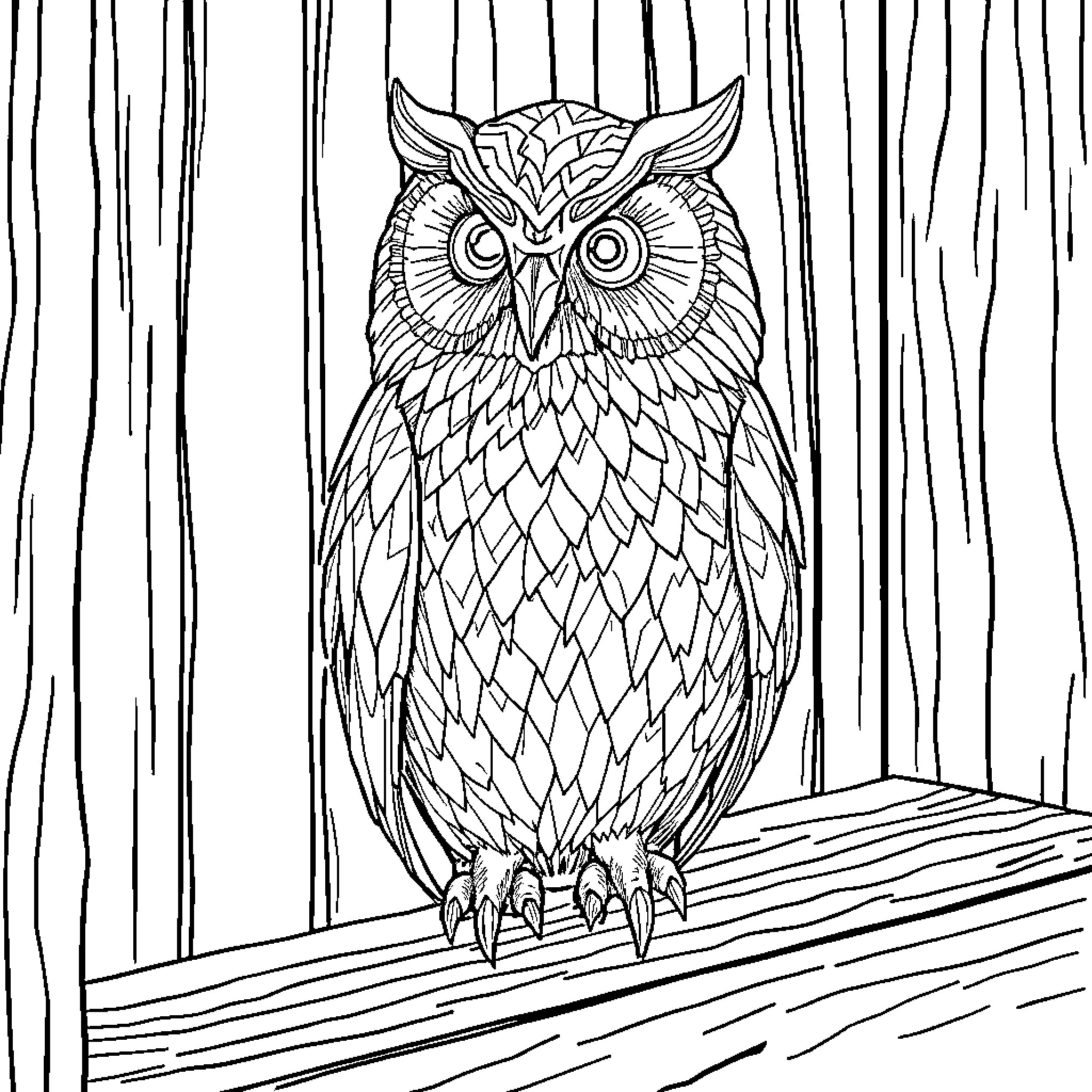 Owl sitting on a branch amid forest trees Coloring Page (free black-and-white line drawing printable PDF for all, from beginners to advanced learners, including children, teens, adults, and seniors)