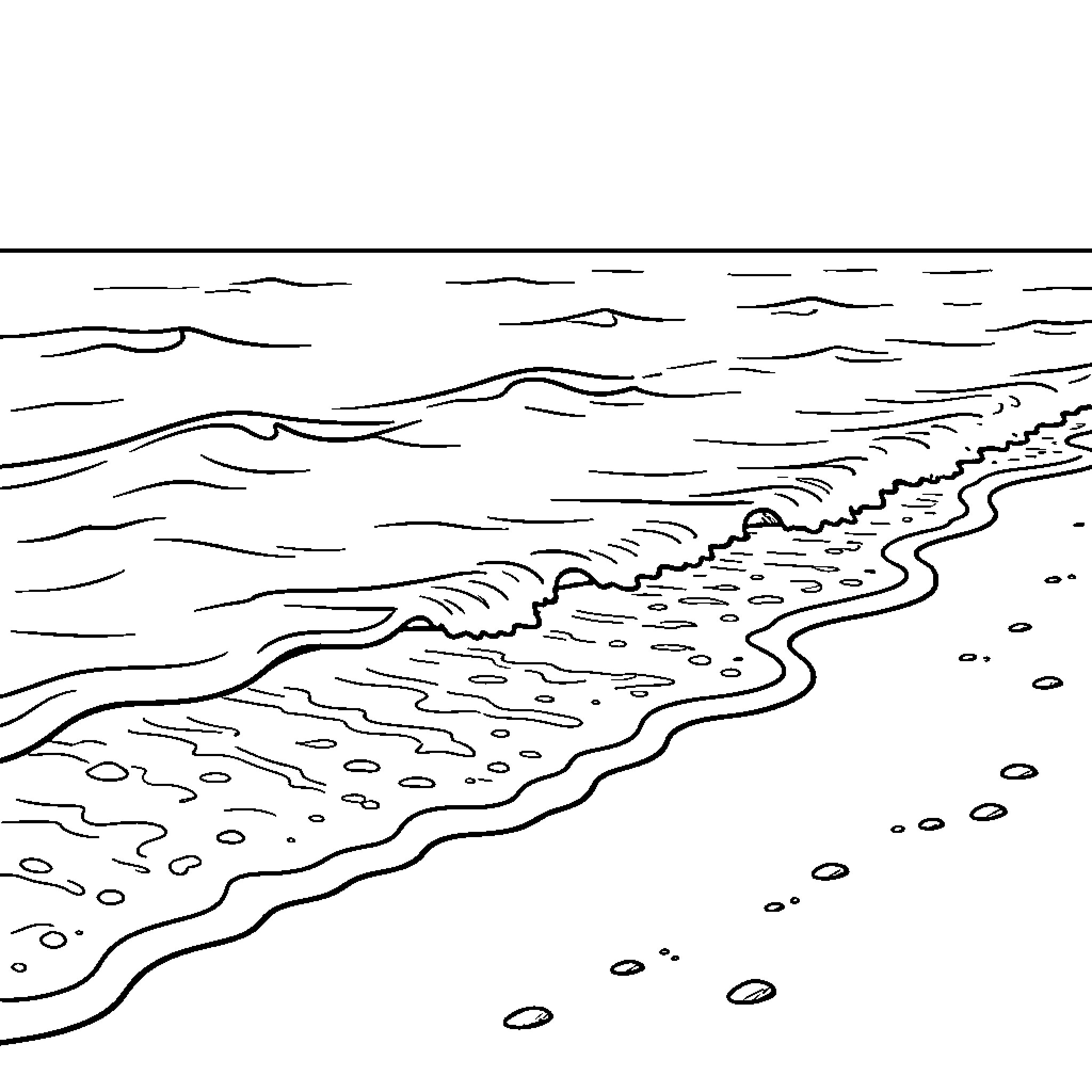 Beach waves gently washing onto the sandy shore Coloring Page (free black-and-white line drawing printable PDF for all, from beginners to advanced learners, including children, teens, adults, and seniors)
