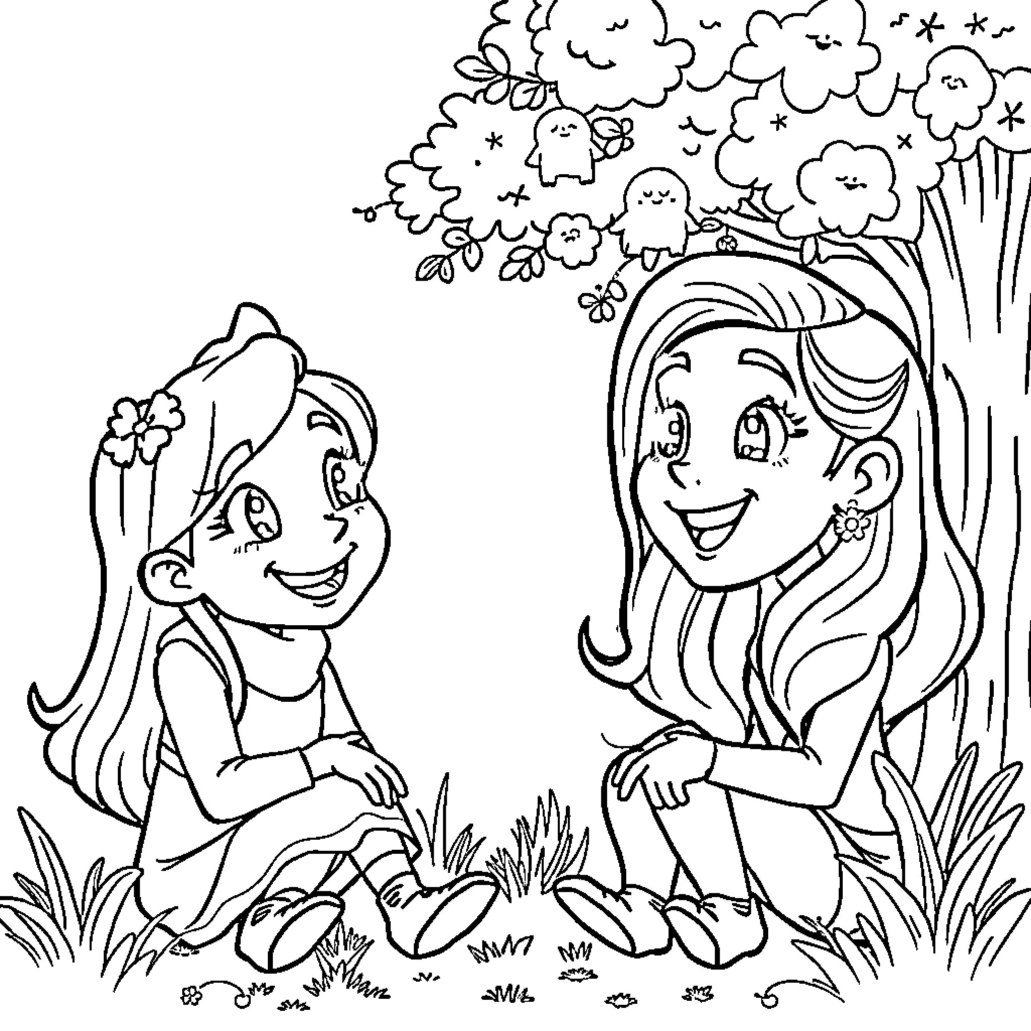 Gabby enjoying the whimsical outdoors with friends Coloring Page (free black-and-white line drawing printable PDF for all, from beginners to advanced learners, including children, teens, adults, and seniors)