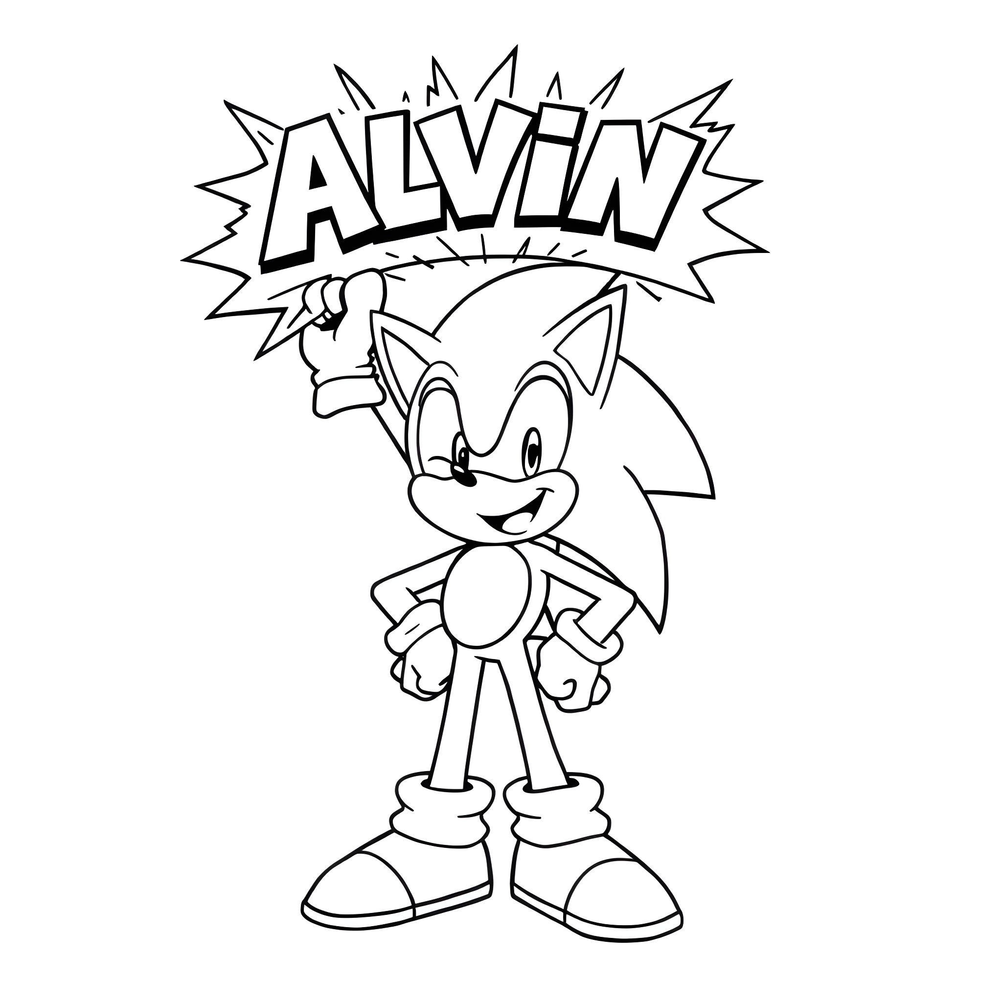 Sonic the Hedgehog exclaiming 'Alvin' Coloring Page (free black-and-white line drawing printable PDF for all, from beginners to advanced learners, including children, teens, adults, and seniors)