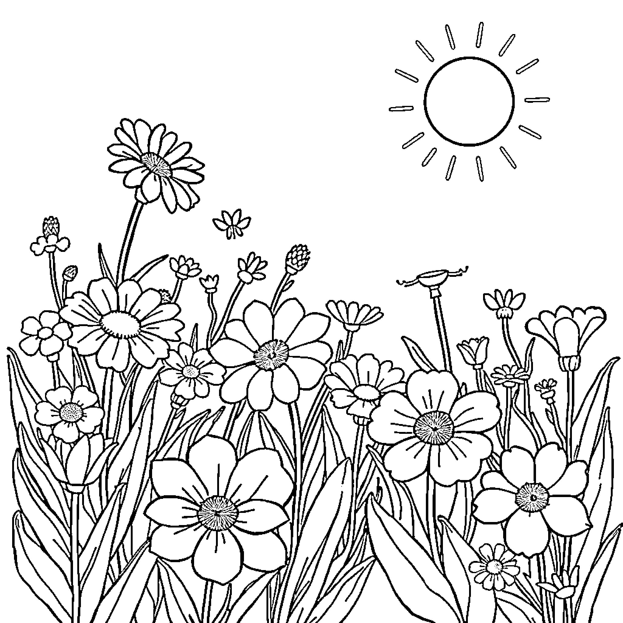 Flower garden under the sun Coloring Page (free black-and-white line drawing printable PDF for all, from beginners to advanced learners, including children, teens, adults, and seniors)