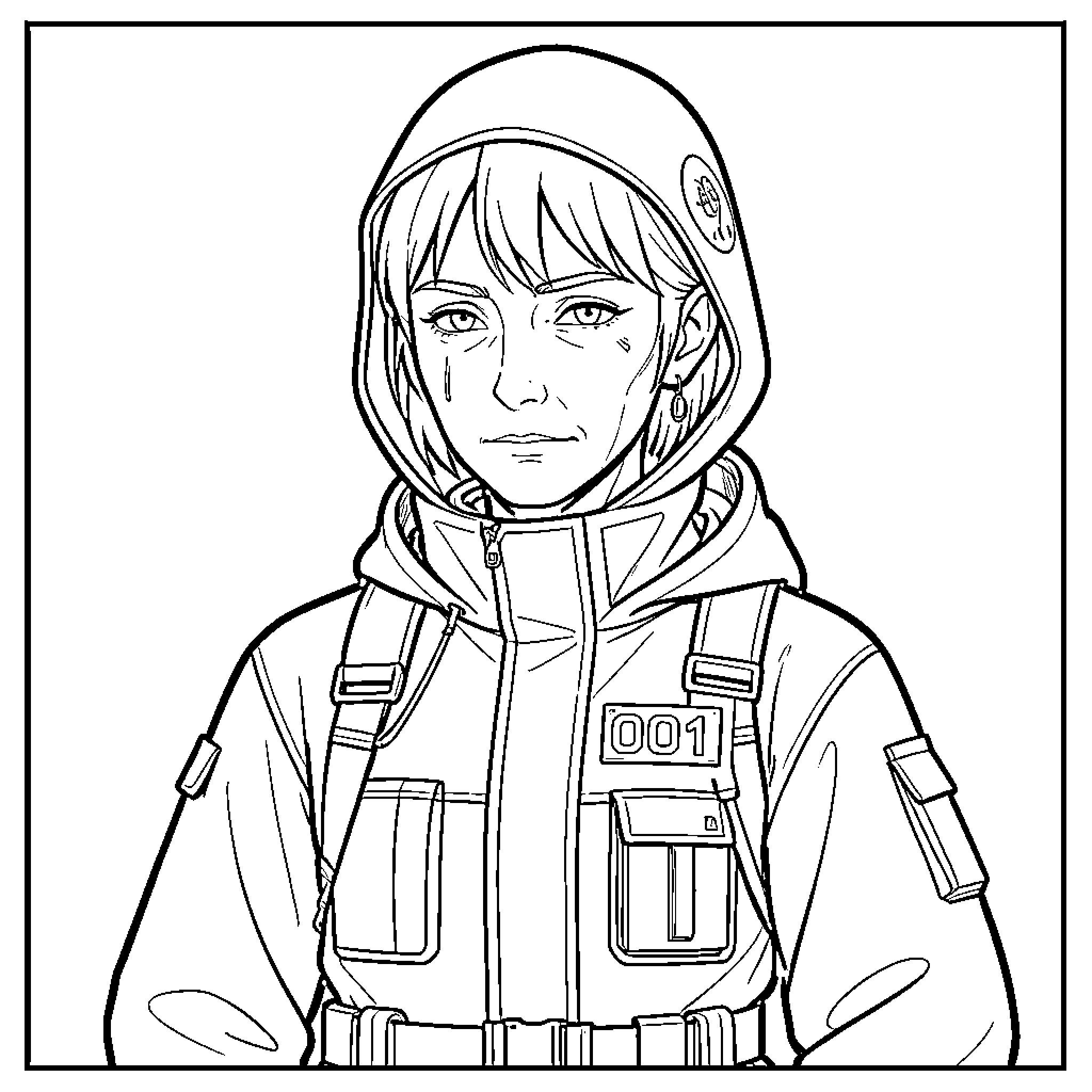 Squid Game - Determined Contestant in Protective Gear Coloring Page (free black-and-white line drawing printable PDF for all, from beginners to advanced learners, including children, teens, adults, and seniors)
