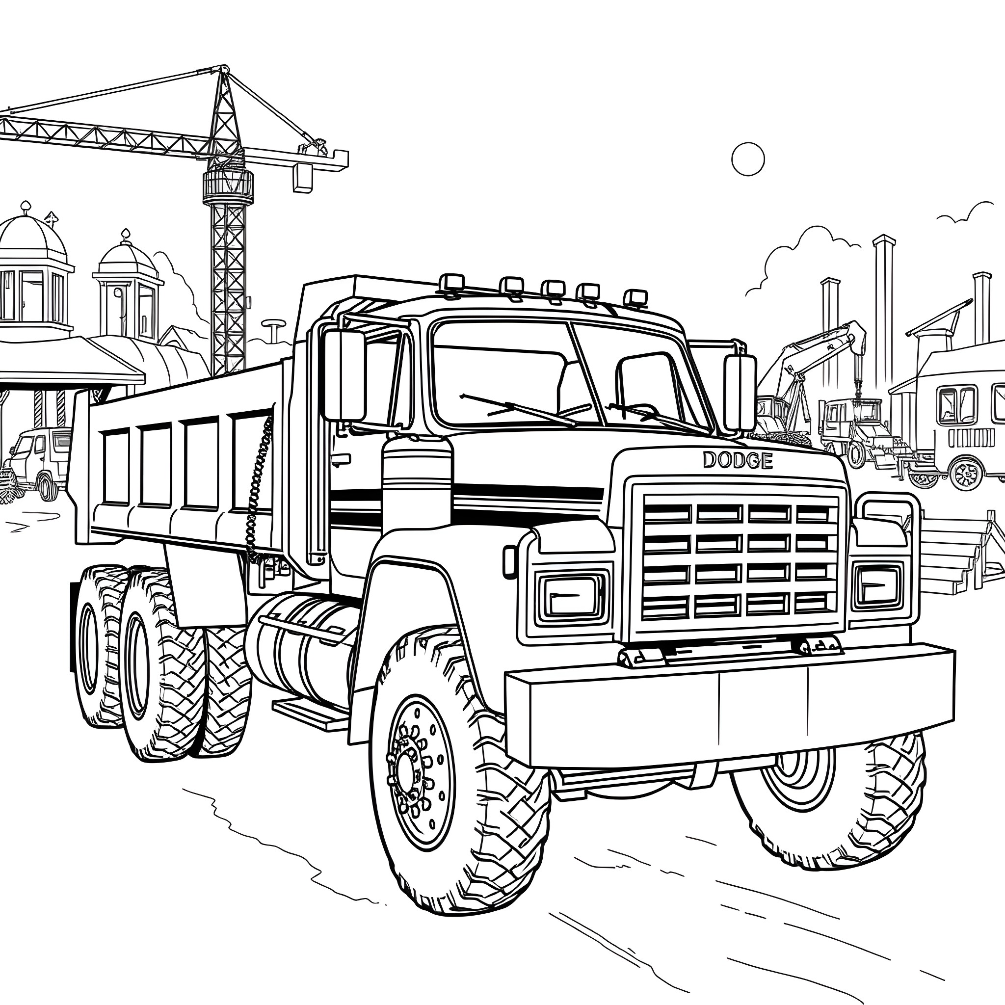 Dodge Dually truck hauling construction equipment in urban scene Coloring Page (free black-and-white line drawing printable PDF for all, from beginners to advanced learners, including children, teens, adults, and seniors)