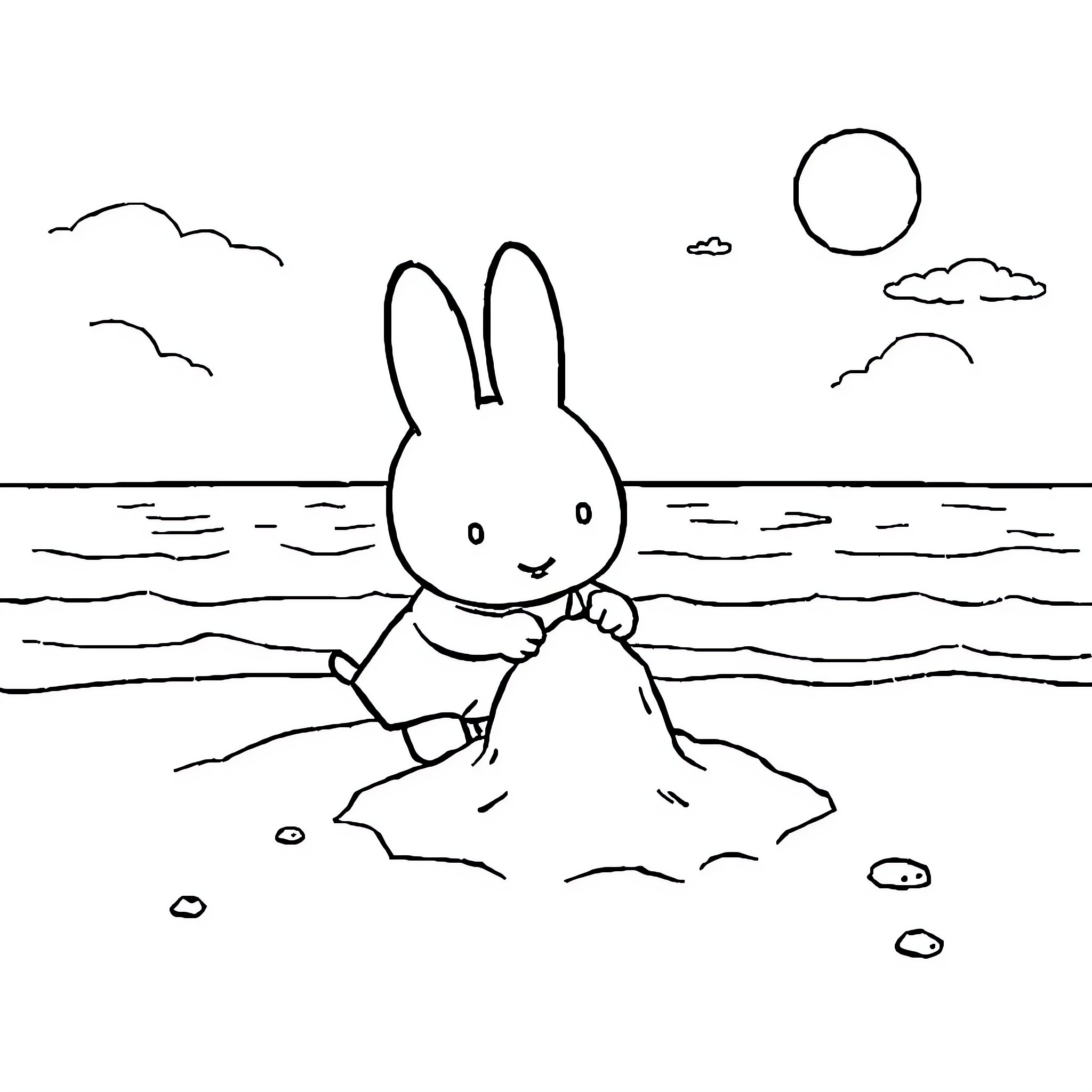 Miffy building a sandcastle on the beach Coloring Page (free black-and-white line drawing printable PDF for all, from beginners to advanced learners, including children, teens, adults, and seniors)