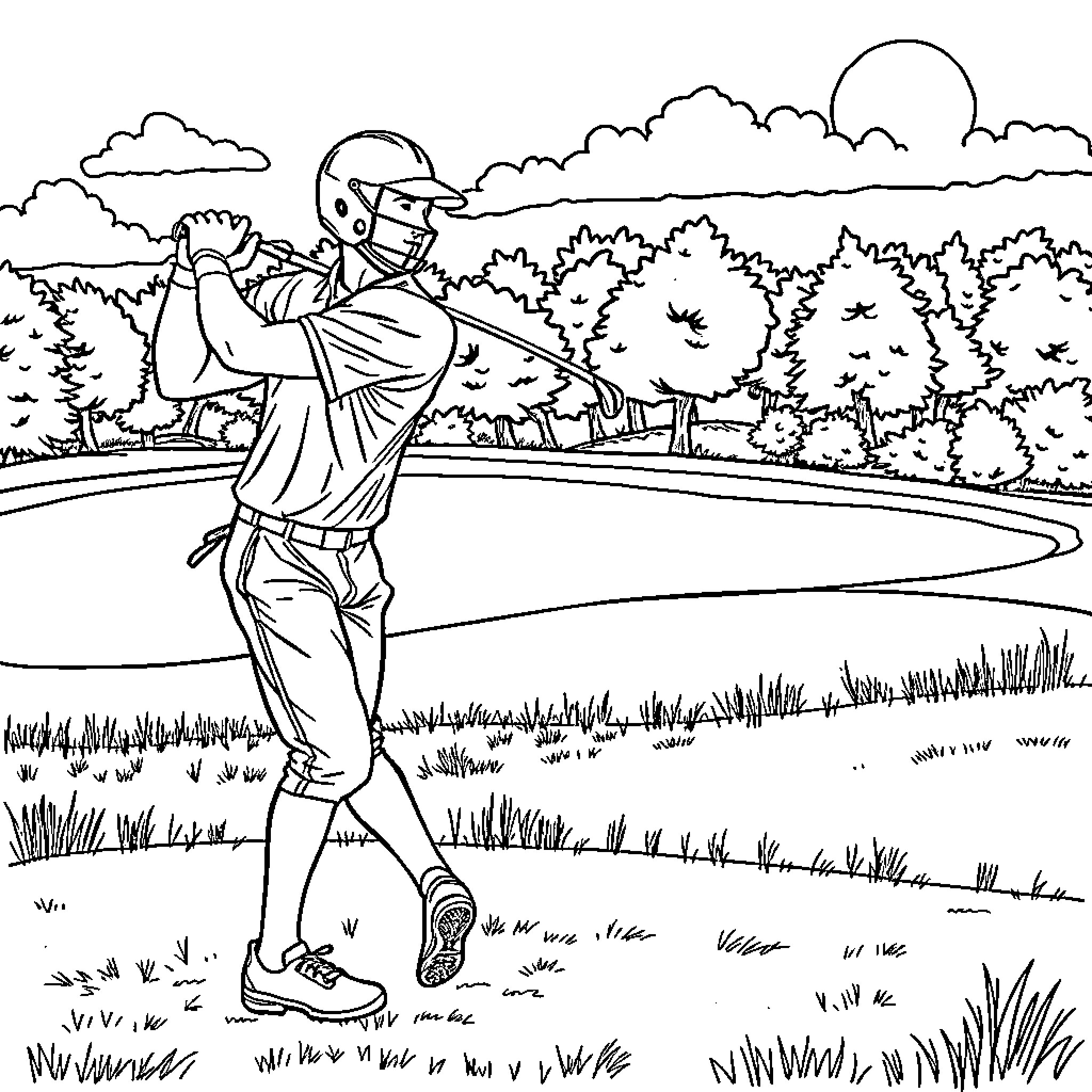 Football Player on the Field Coloring Page (free black-and-white line drawing printable PDF for all, from beginners to advanced learners, including children, teens, adults, and seniors)