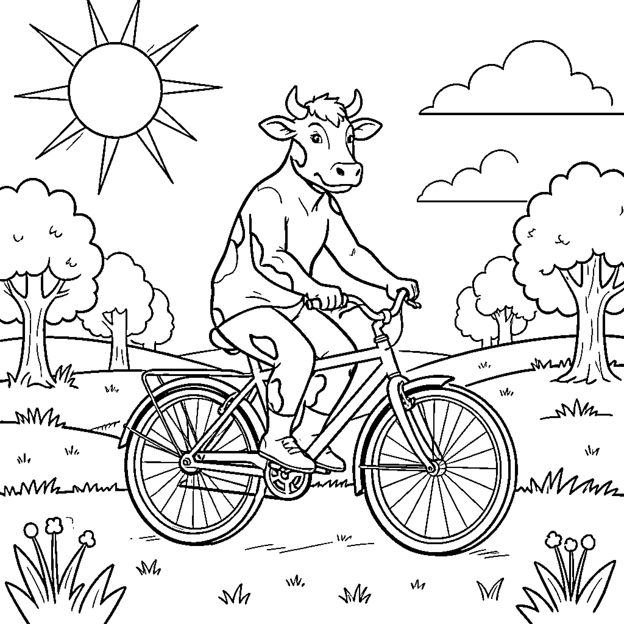 Cow riding a bicycle through a sunny meadow Coloring Page (free black-and-white line drawing printable PDF for all, from beginners to advanced learners, including children, teens, adults, and seniors)