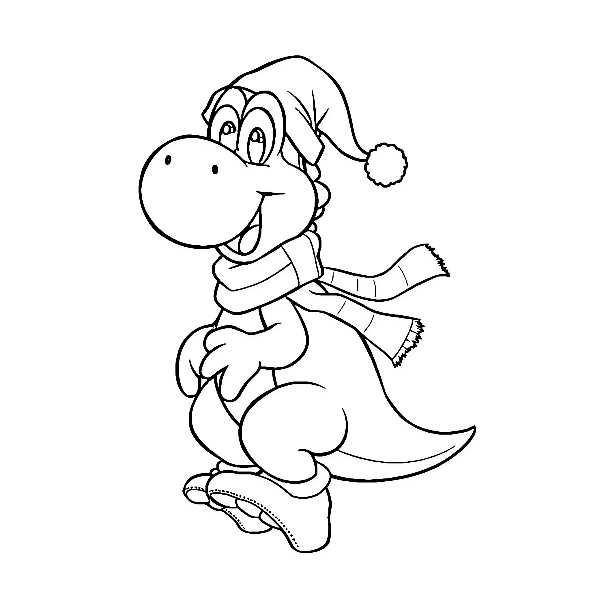 Yoshi wearing festive attire Coloring Page (free black-and-white line drawing printable PDF for all, from beginners to advanced learners, including children, teens, adults, and seniors)