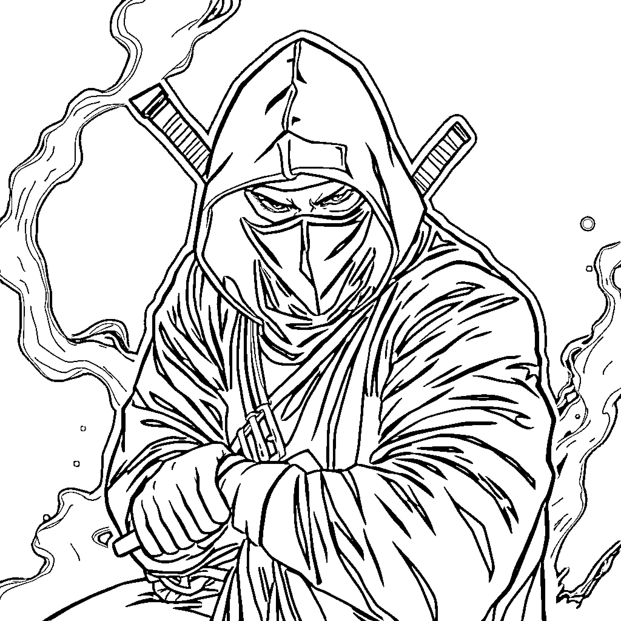 Ninja in Intense Concentration Coloring Page (free black-and-white line drawing printable PDF for all, from beginners to advanced learners, including children, teens, adults, and seniors)