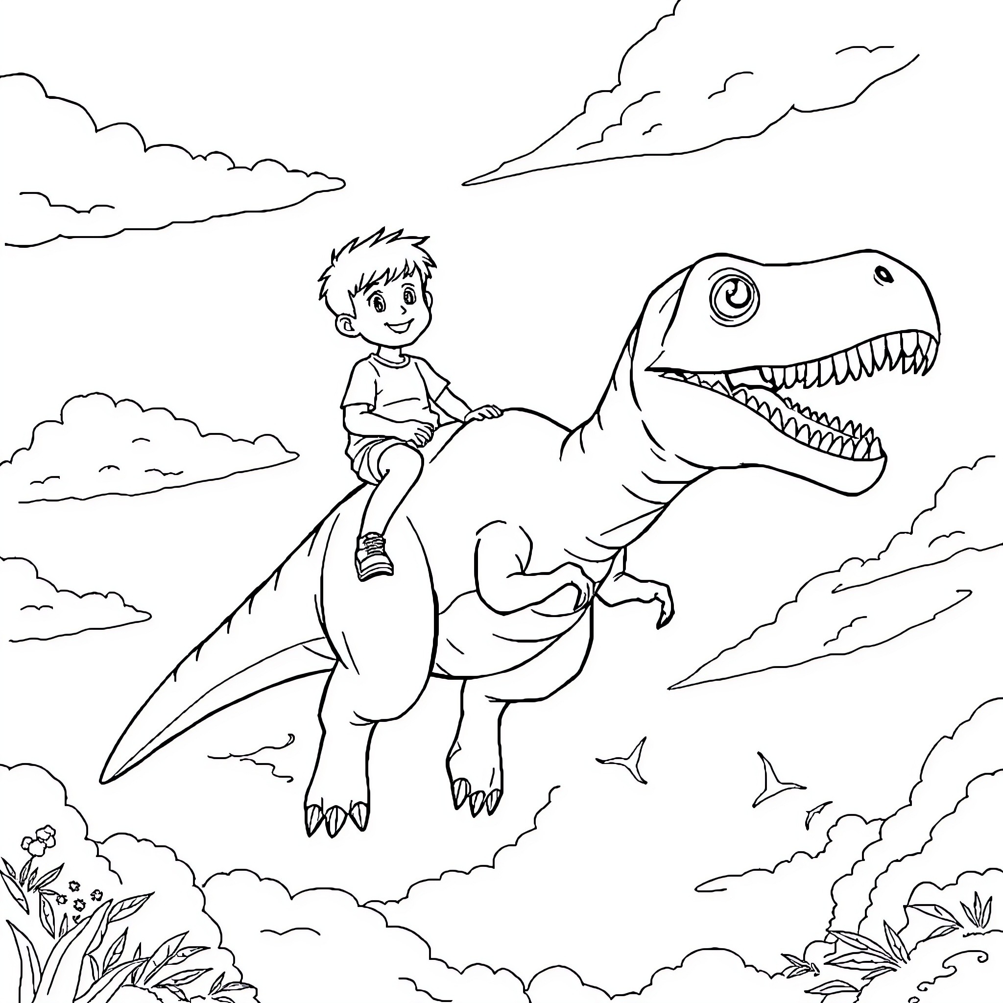 Dinosaur riding and playing with a young boy Coloring Page (free black-and-white line drawing printable PDF for all, from beginners to advanced learners, including children, teens, adults, and seniors)