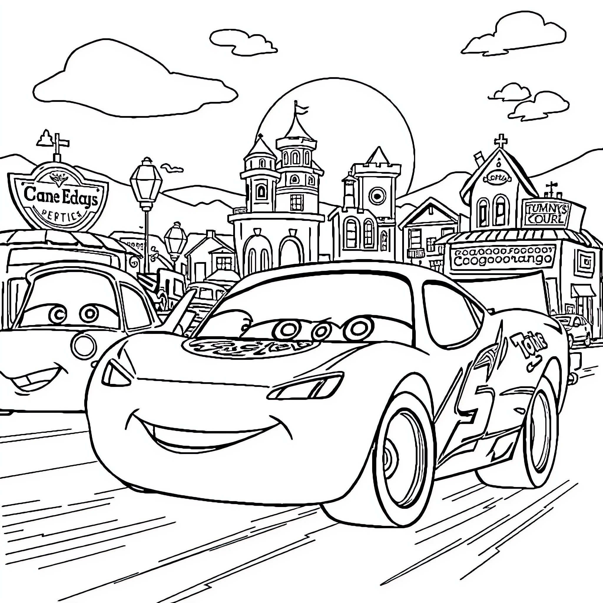 Car racing through a cartoon town landscape Coloring Page (free black-and-white line drawing printable PDF for all, from beginners to advanced learners, including children, teens, adults, and seniors)