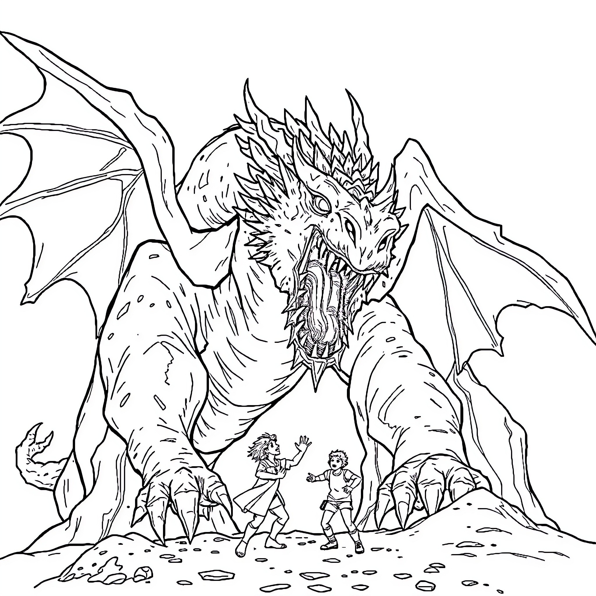Ice Dragon Confronting Brave Adventurers Coloring Page (free black-and-white line drawing printable PDF for all, from beginners to advanced learners, including children, teens, adults, and seniors)