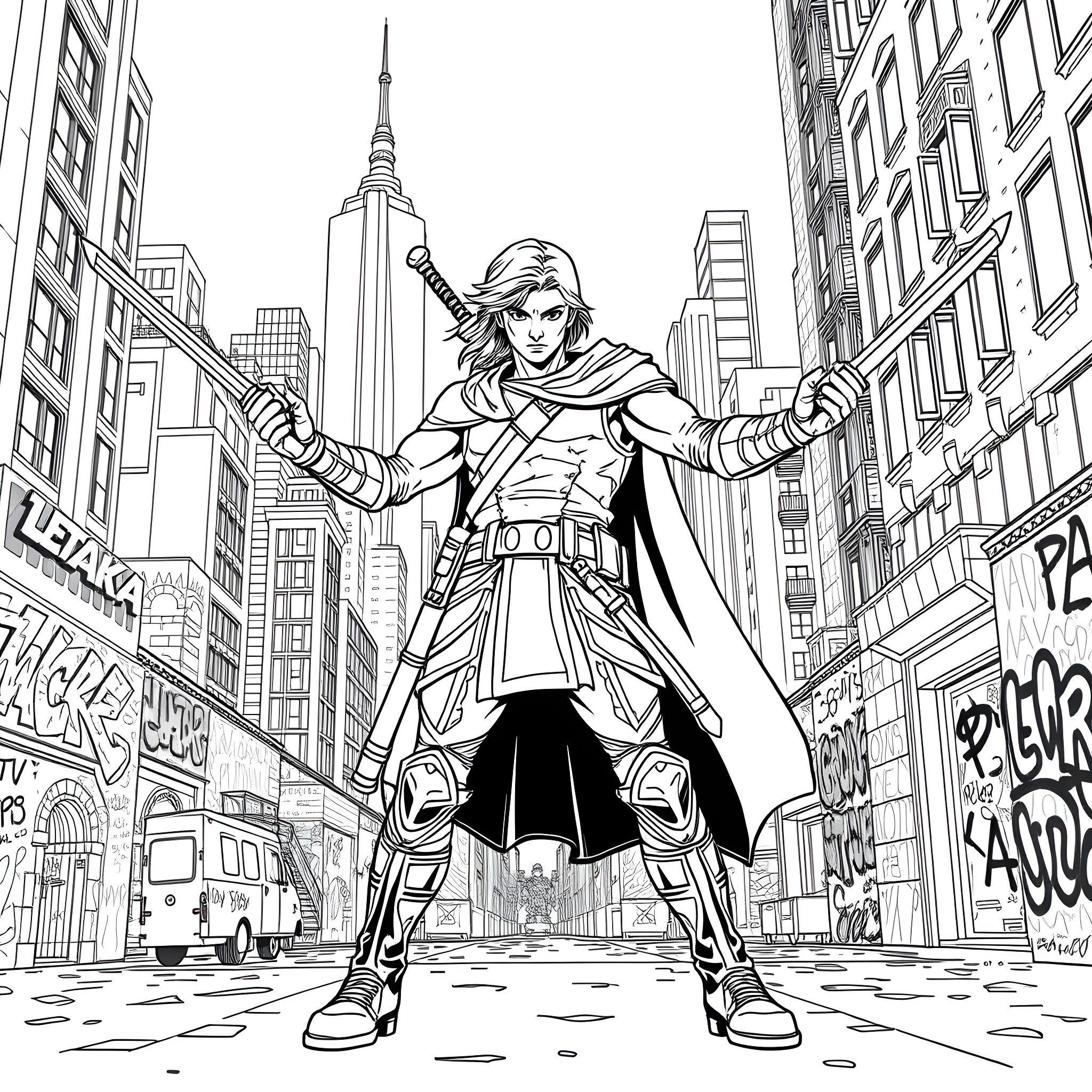 Leonardo's Heroic Stance in the City Coloring Page (free black-and-white line drawing printable PDF for all, from beginners to advanced learners, including children, teens, adults, and seniors)
