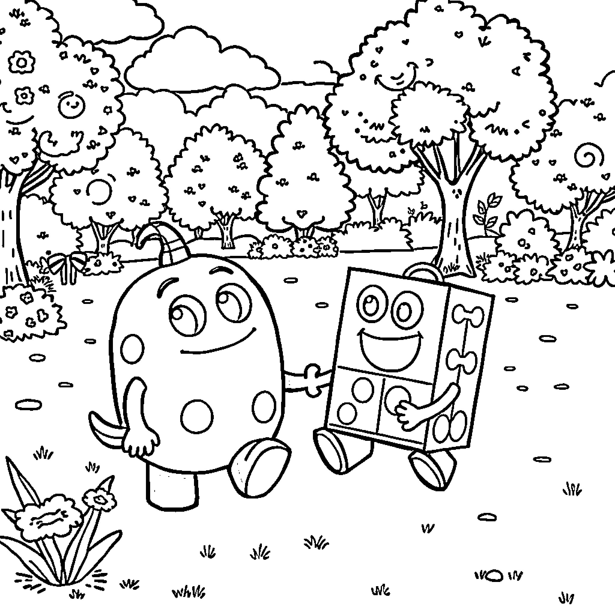 Om Nom Enjoying a Playful Adventure in Nature Coloring Page (free black-and-white line drawing printable PDF for all, from beginners to advanced learners, including children, teens, adults, and seniors)
