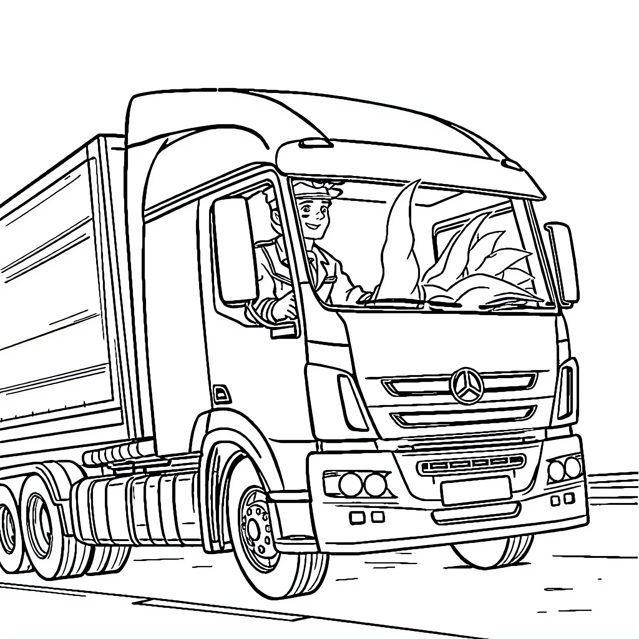 Licorne truck transporting goods on the road Coloring Page (free black-and-white line drawing printable PDF for all, from beginners to advanced learners, including children, teens, adults, and seniors)