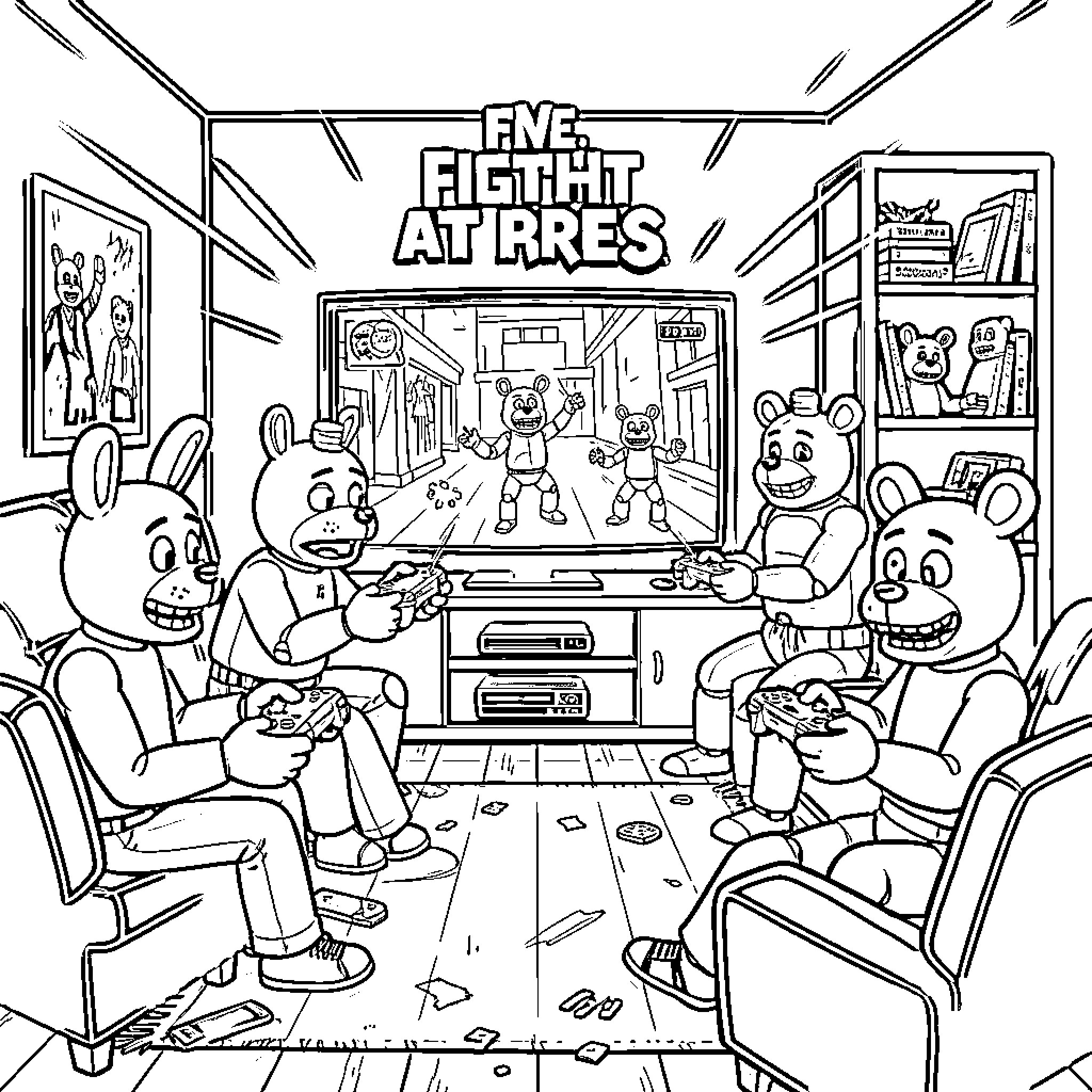 Five Nights at Freddy's: Friends Gaming Together Coloring Page (free black-and-white line drawing printable PDF for all, from beginners to advanced learners, including children, teens, adults, and seniors)