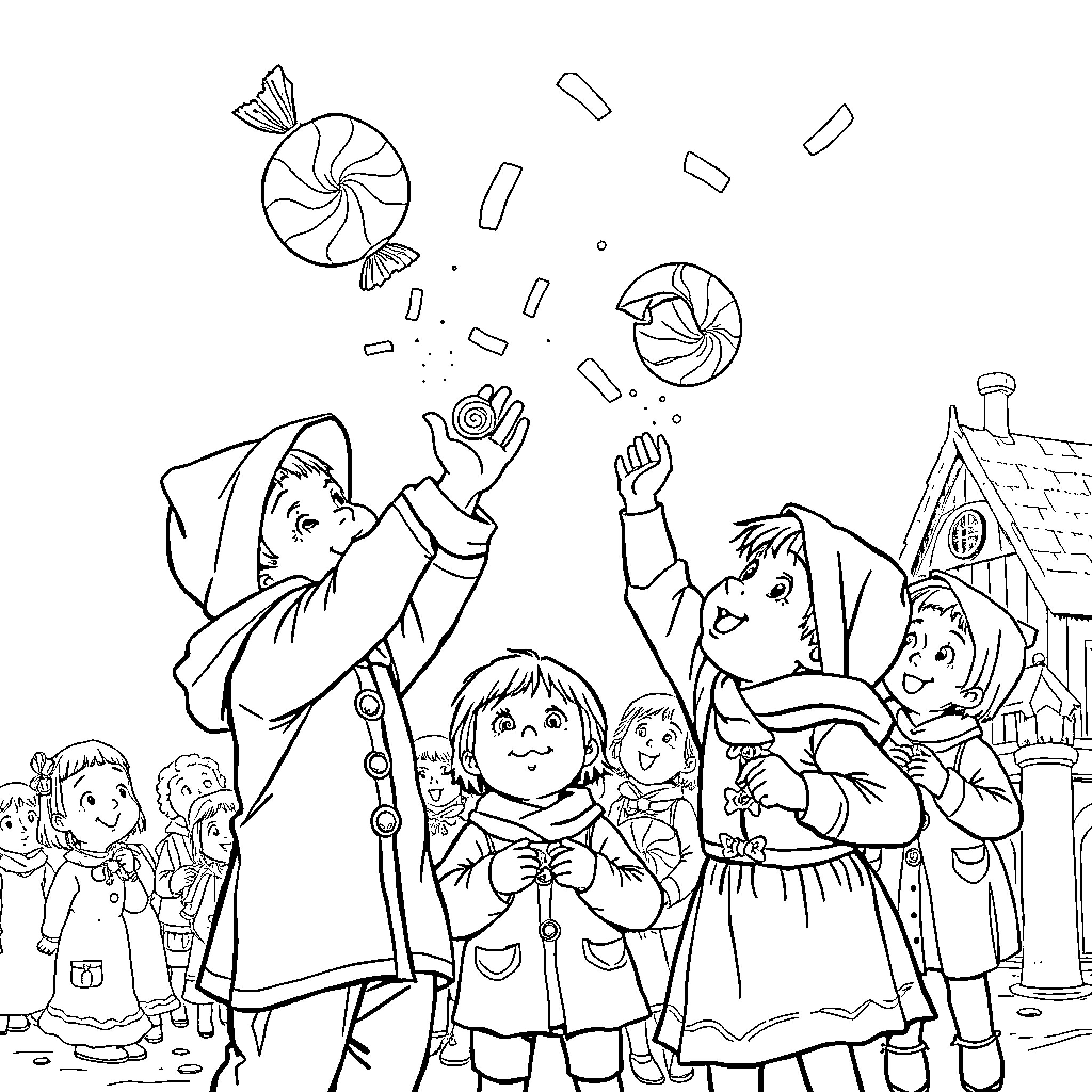 Belsnickel Bringing Treats to Delighted Children Coloring Page (free black-and-white line drawing printable PDF for all, from beginners to advanced learners, including children, teens, adults, and seniors)