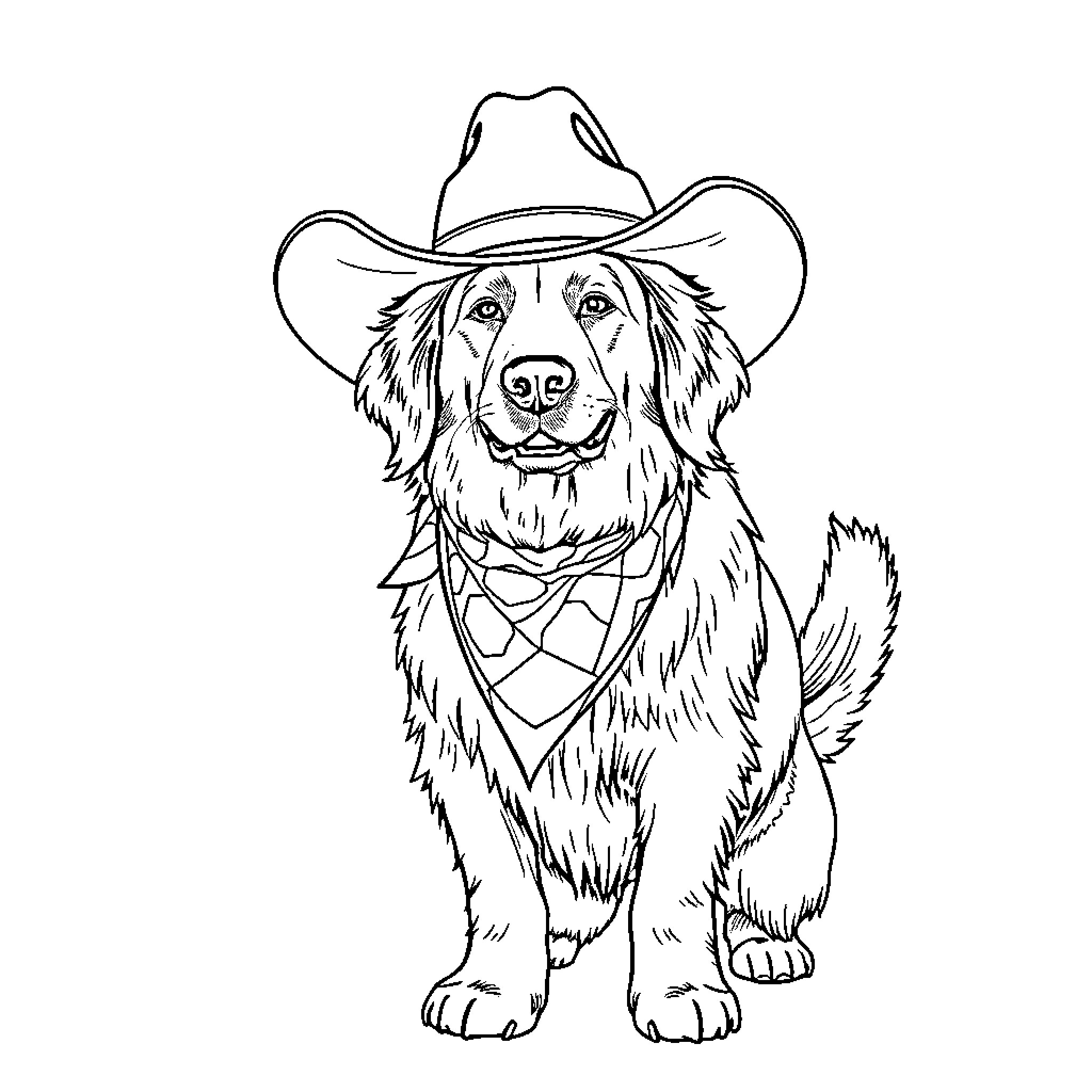 Golden Retriever Wearing Cowboy Hat Coloring Page (free black-and-white line drawing printable PDF for all, from beginners to advanced learners, including children, teens, adults, and seniors)