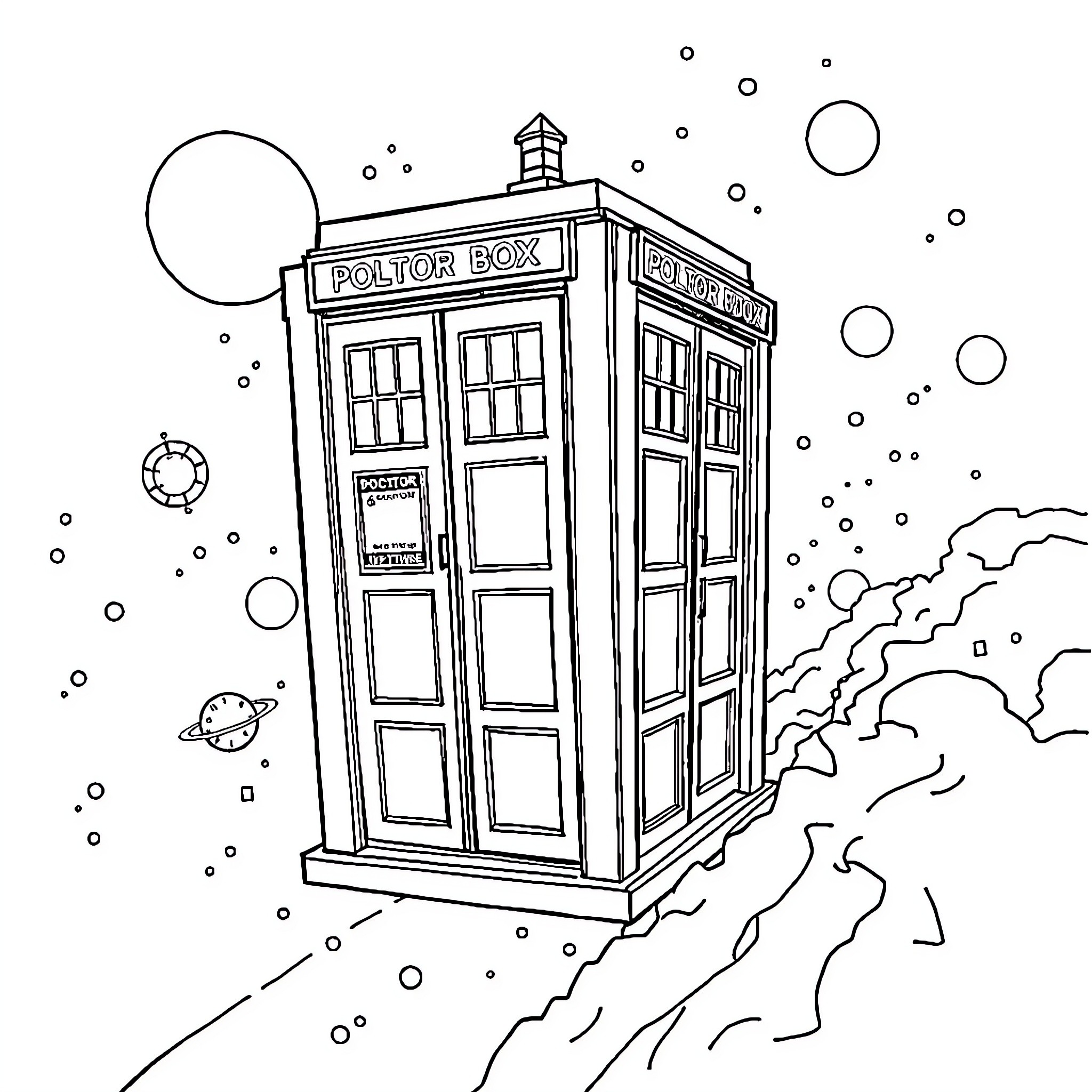 Doctor Who's Iconic Police Box in Outer Space Coloring Page (free black-and-white line drawing printable PDF for all, from beginners to advanced learners, including children, teens, adults, and seniors)
