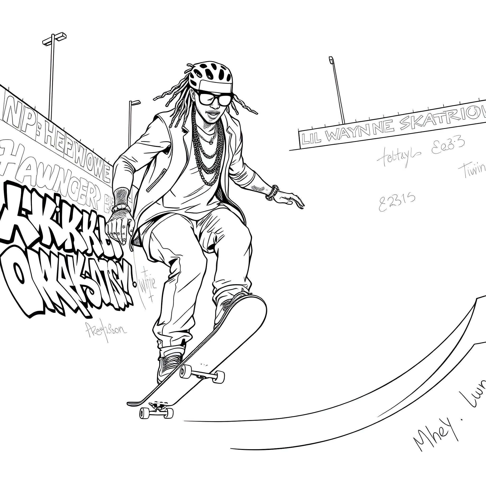 Lil Wayne skateboarding with graffiti background Coloring Page (free black-and-white line drawing printable PDF for all, from beginners to advanced learners, including children, teens, adults, and seniors)