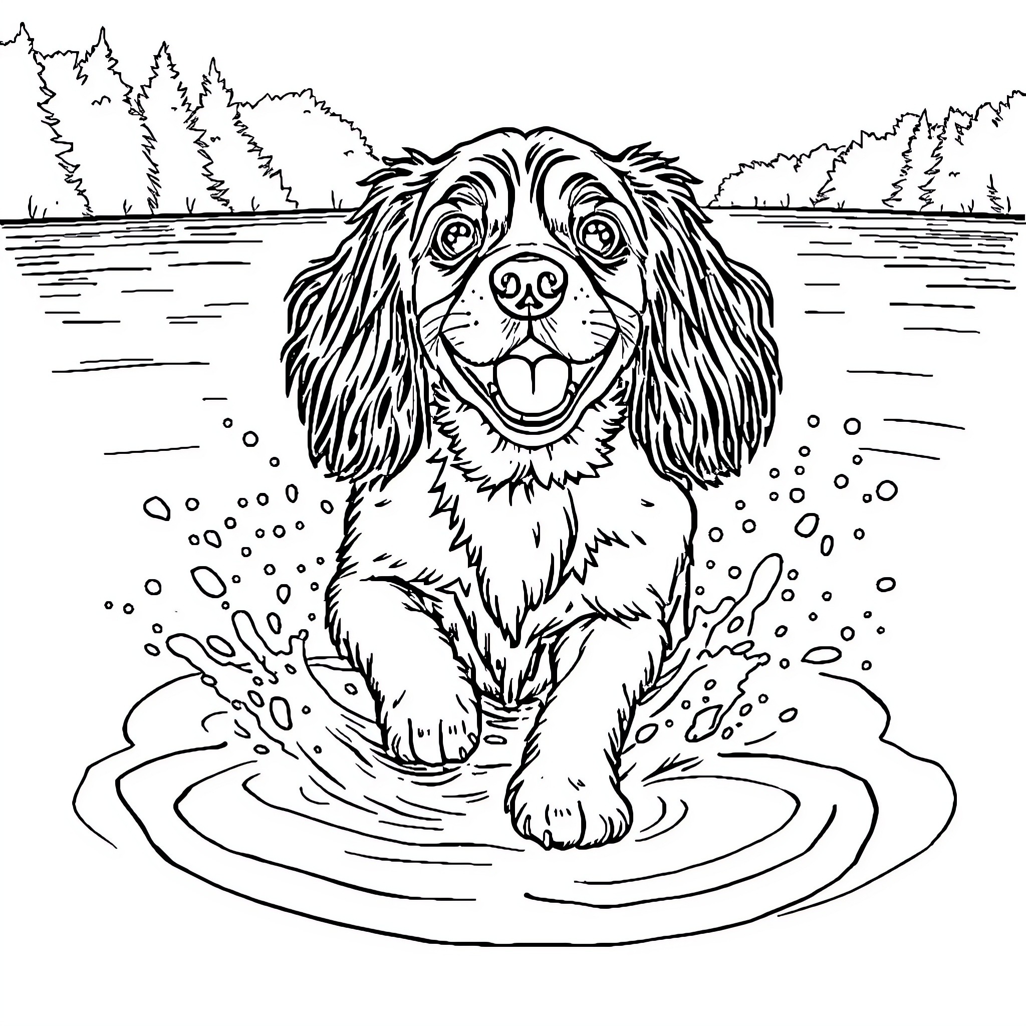 Cocker Spaniel playing joyfully in the water Coloring Page (free black-and-white line drawing printable PDF for all, from beginners to advanced learners, including children, teens, adults, and seniors)