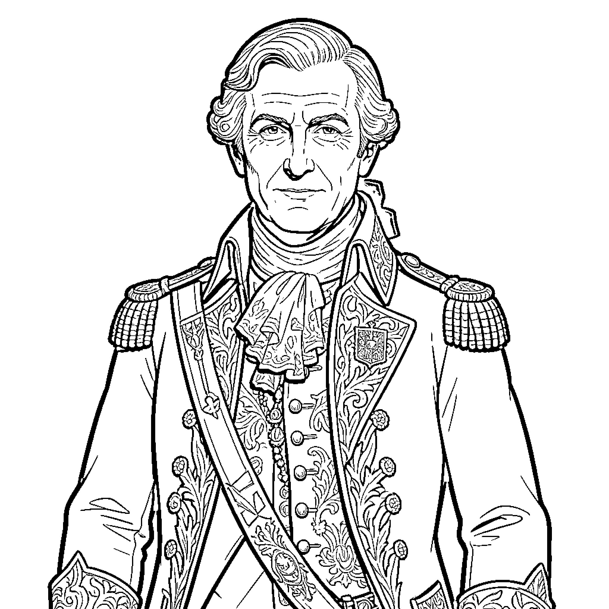 Macron wearing an ornate historical military uniform Coloring Page (free black-and-white line drawing printable PDF for all, from beginners to advanced learners, including children, teens, adults, and seniors)