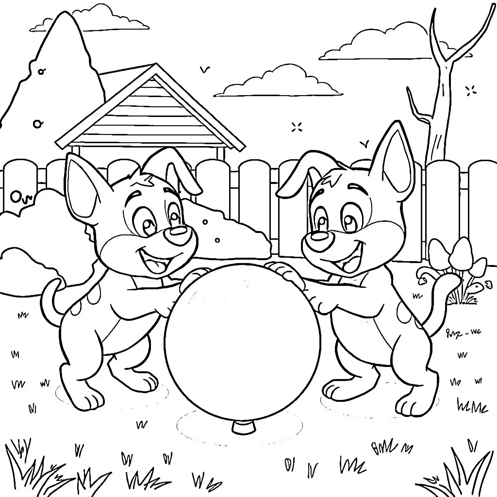 Bluey and Friends Explore the Backyard Coloring Page (free black-and-white line drawing printable PDF for all, from beginners to advanced learners, including children, teens, adults, and seniors)