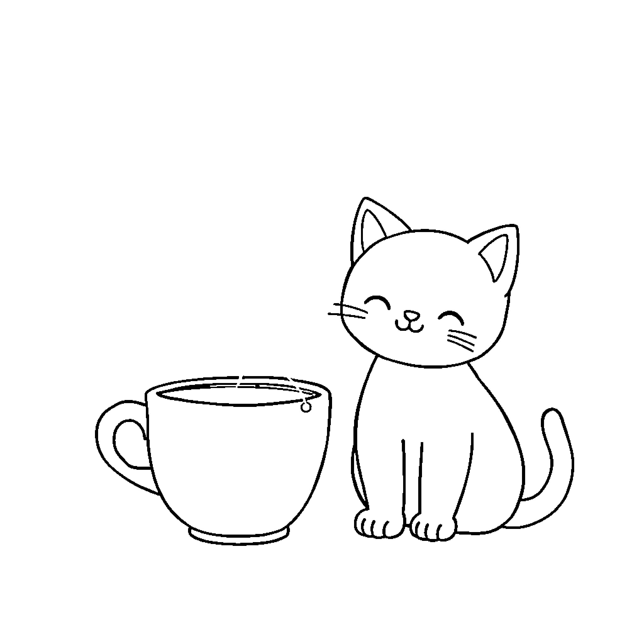 Cat enjoying a cup of tea Coloring Page (free black-and-white line drawing printable PDF for all, from beginners to advanced learners, including children, teens, adults, and seniors)