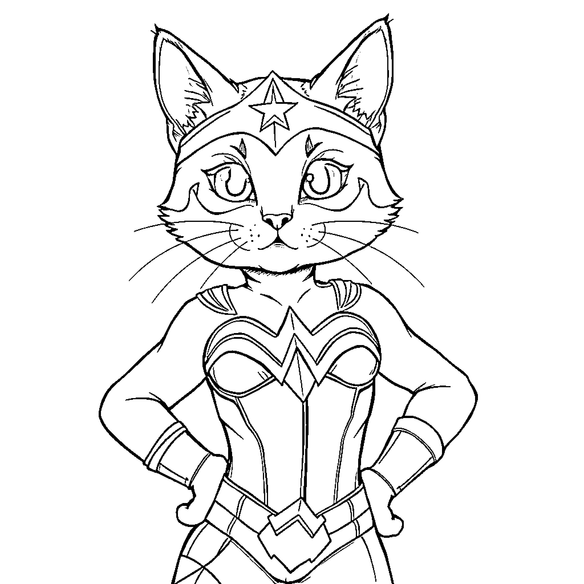 Doja Cat in Whimsical Superhero Outfit Coloring Page (free black-and-white line drawing printable PDF for all, from beginners to advanced learners, including children, teens, adults, and seniors)