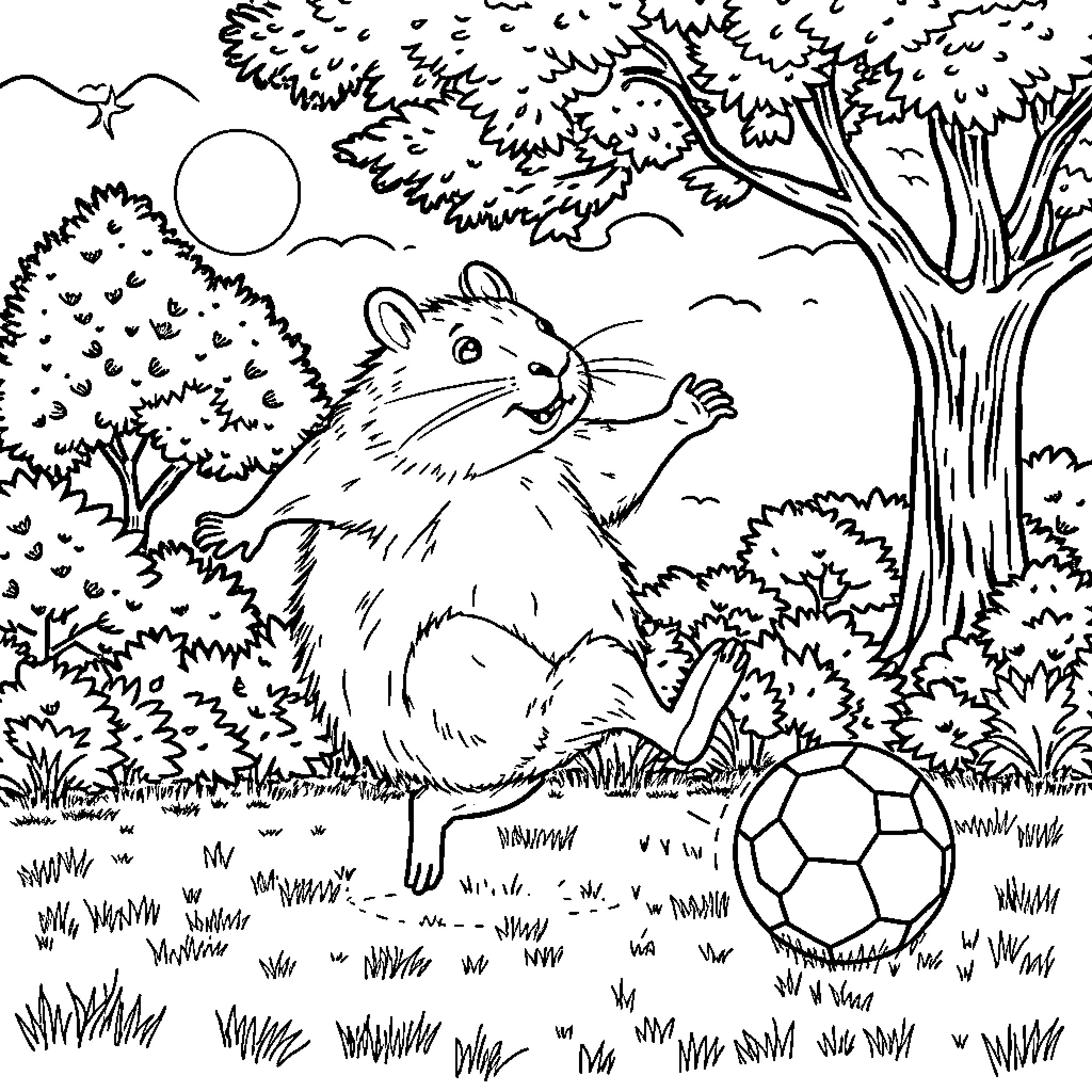 Capybara playing with a soccer ball in the park Coloring Page (free black-and-white line drawing printable PDF for all, from beginners to advanced learners, including children, teens, adults, and seniors)