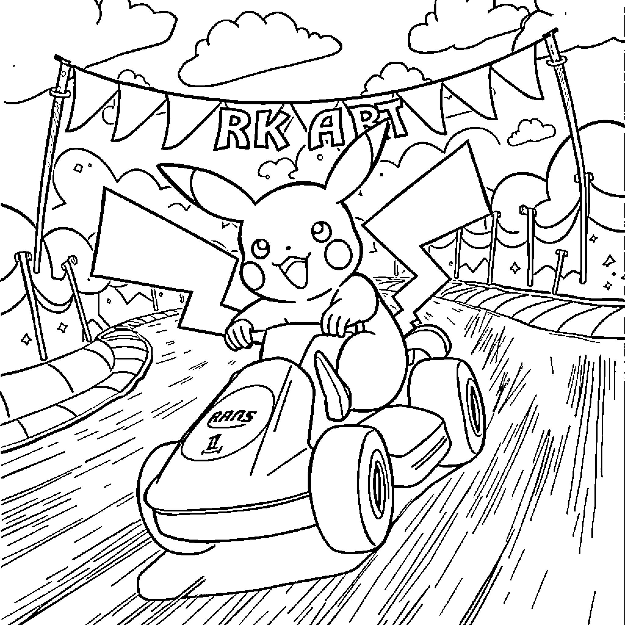 Pikachu racing on a kart in a festival Coloring Page (free black-and-white line drawing printable PDF for all, from beginners to advanced learners, including children, teens, adults, and seniors)