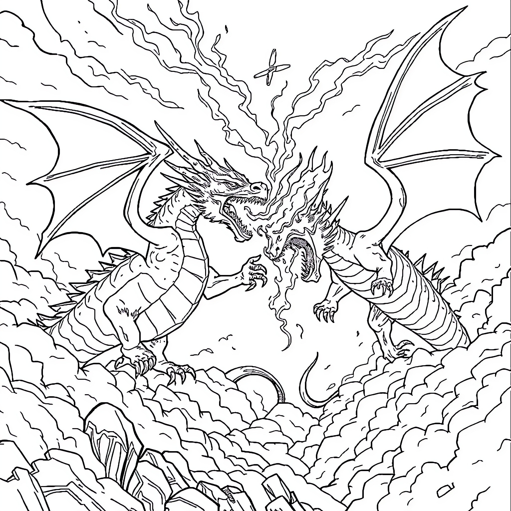 Dragons Battling Fiercely in the Skies Coloring Page (free black-and-white line drawing printable PDF for all, from beginners to advanced learners, including children, teens, adults, and seniors)