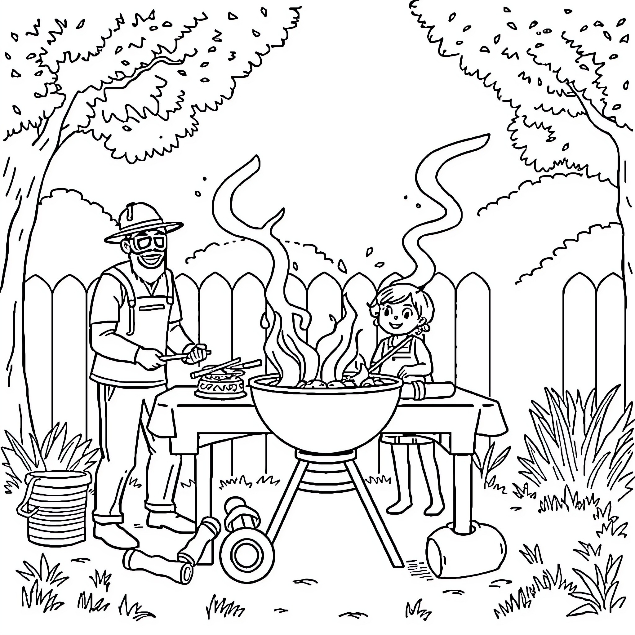 Bandit's outdoor barbecue with young companion Coloring Page (free black-and-white line drawing printable PDF for all, from beginners to advanced learners, including children, teens, adults, and seniors)