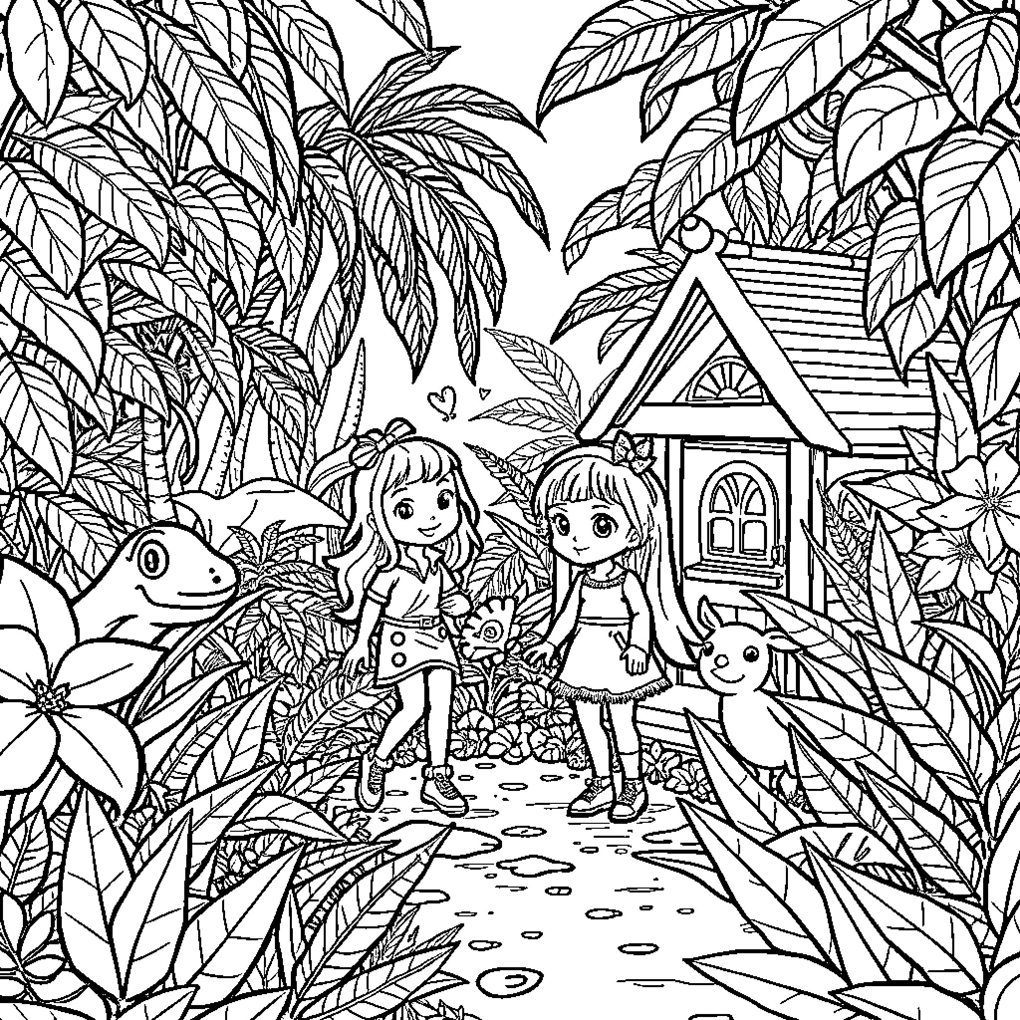 Gabby Dollhouse: Exploring the Enchanting Jungle Adventure Coloring Page (free black-and-white line drawing printable PDF for all, from beginners to advanced learners, including children, teens, adults, and seniors)