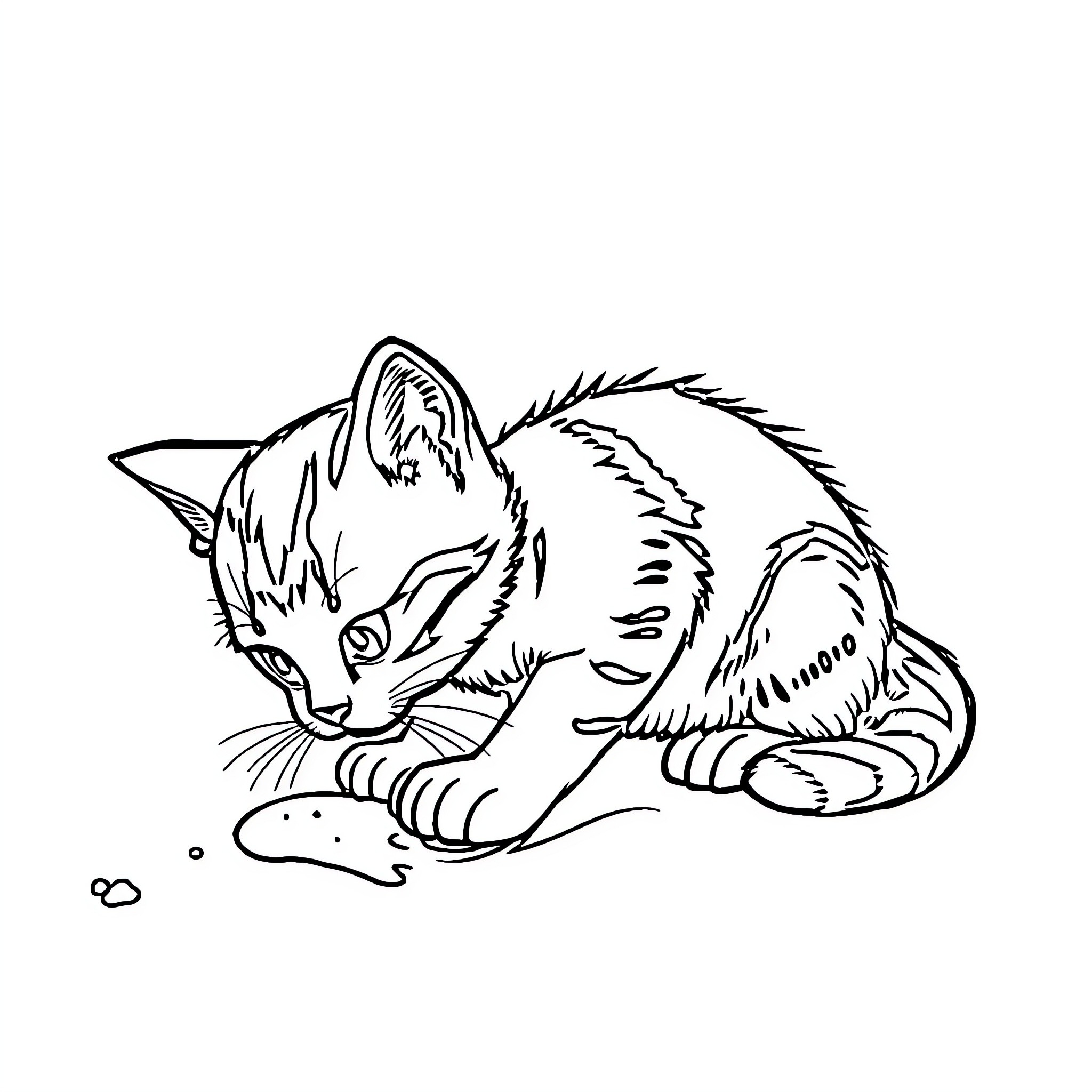 Cat Pouncing on Mouse in Playful Manner Coloring Page (free black-and-white line drawing printable PDF for all, from beginners to advanced learners, including children, teens, adults, and seniors)