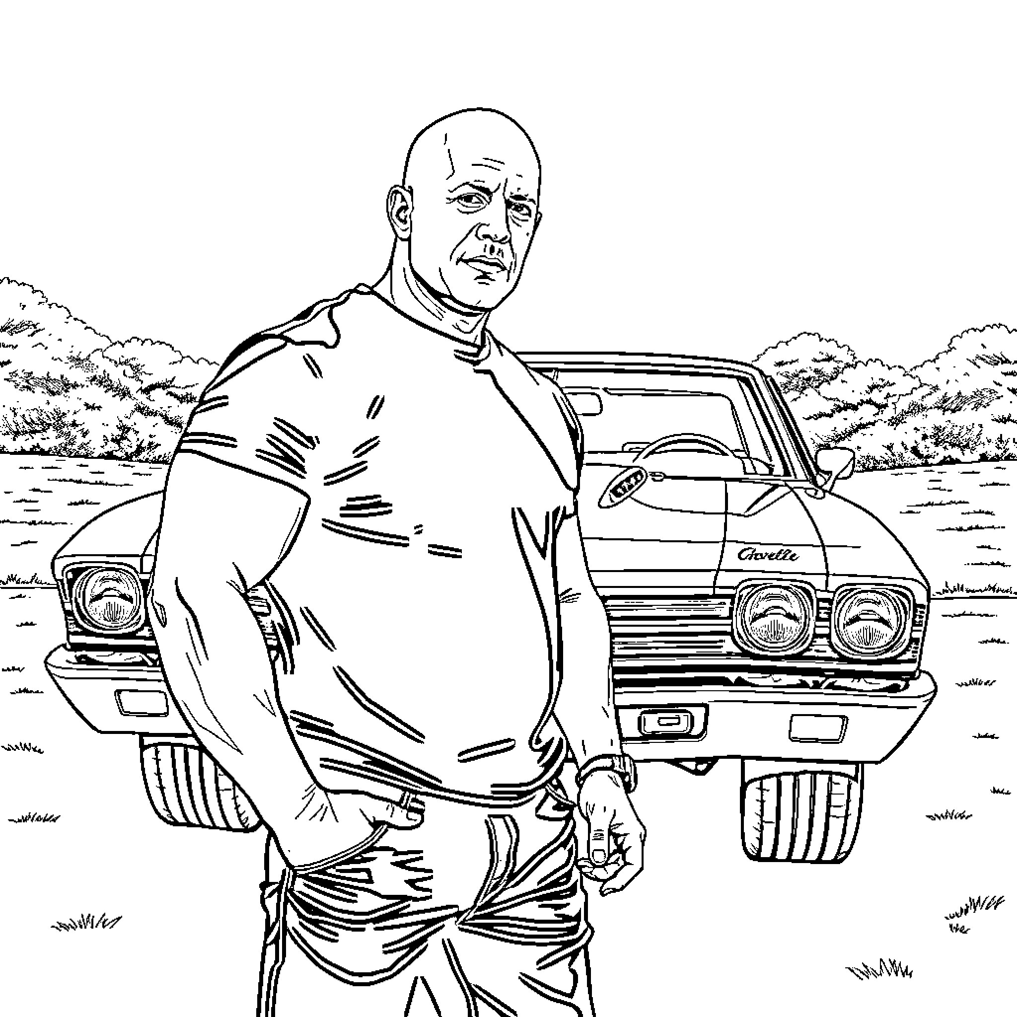 Vin Diesel posing next to his car in the countryside Coloring Page (free black-and-white line drawing printable PDF for all, from beginners to advanced learners, including children, teens, adults, and seniors)