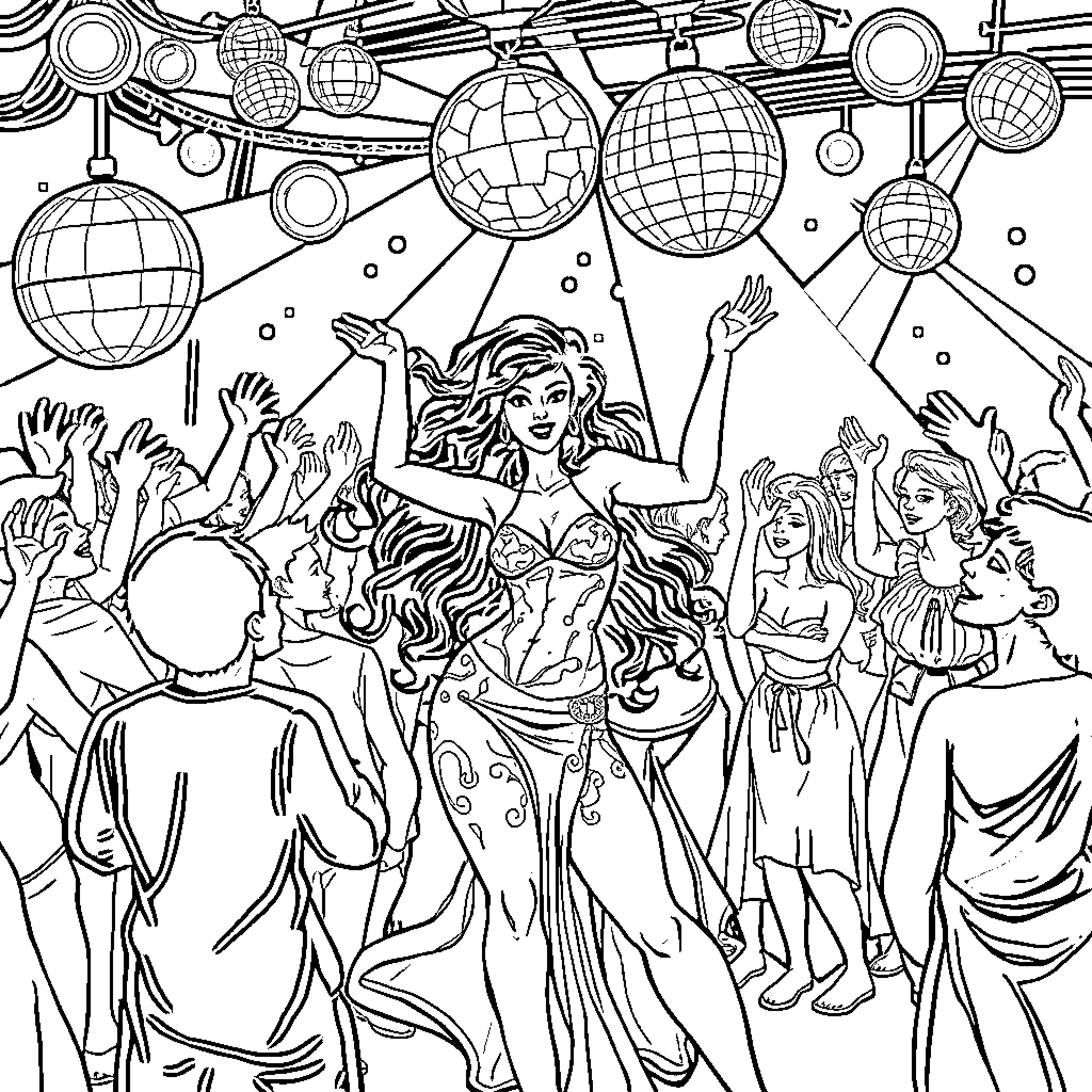 Vecna's Disco Party Coloring Page (free black-and-white line drawing printable PDF for all, from beginners to advanced learners, including children, teens, adults, and seniors)
