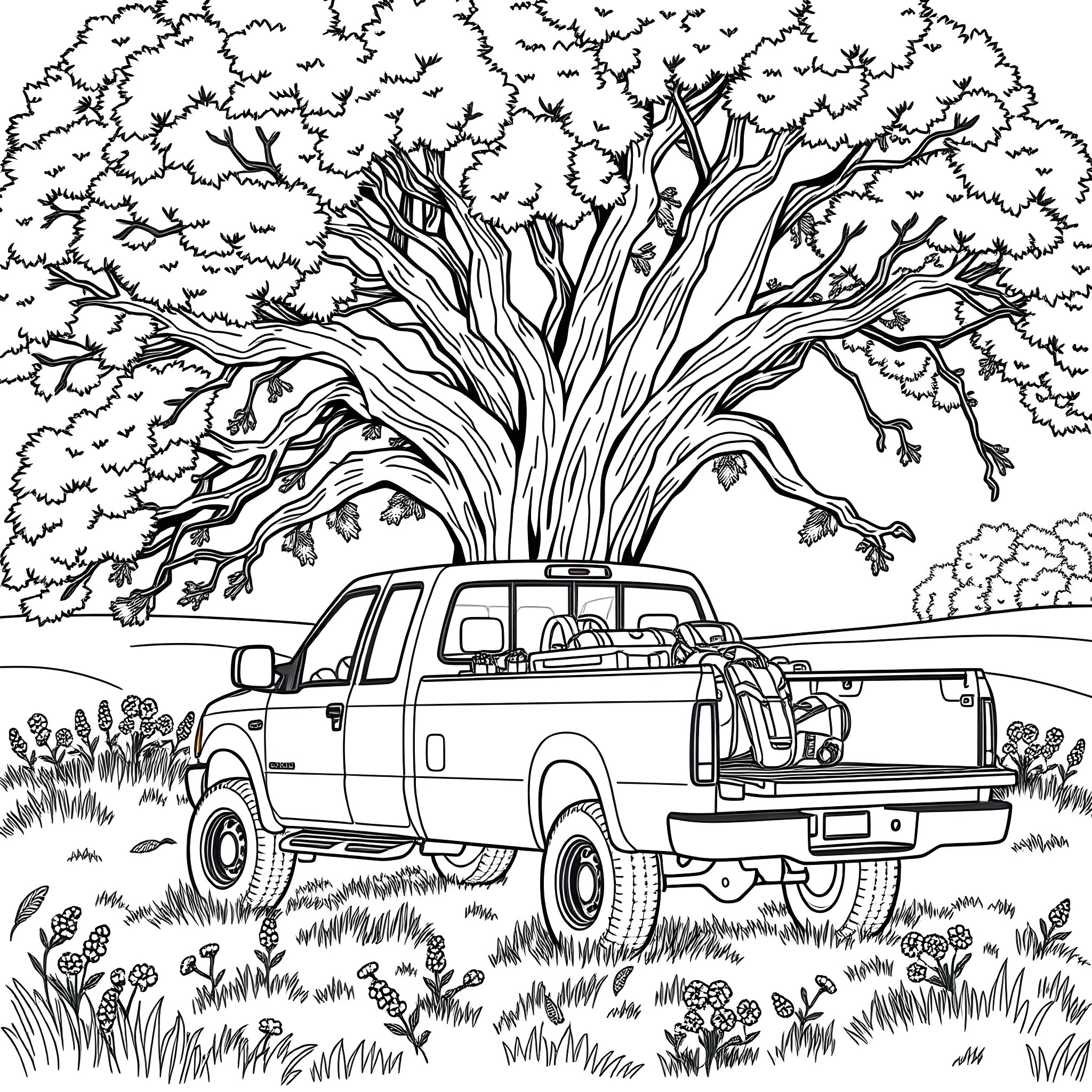 Pick Up Truck Transporting Fallen Tree Coloring Page (free black-and-white line drawing printable PDF for all, from beginners to advanced learners, including children, teens, adults, and seniors)