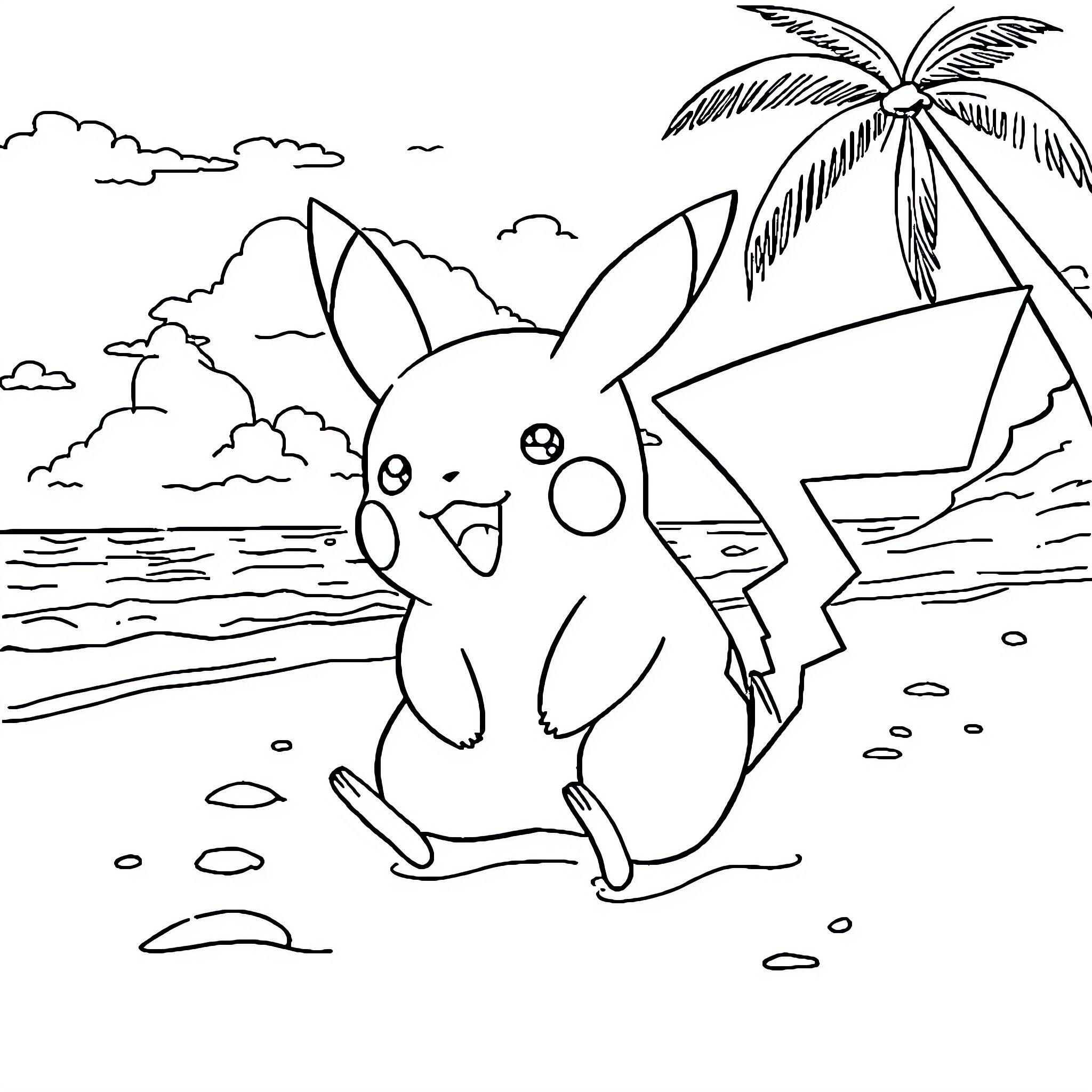 Pikachu enjoying a tropical beach adventure Coloring Page (free black-and-white line drawing printable PDF for all, from beginners to advanced learners, including children, teens, adults, and seniors)