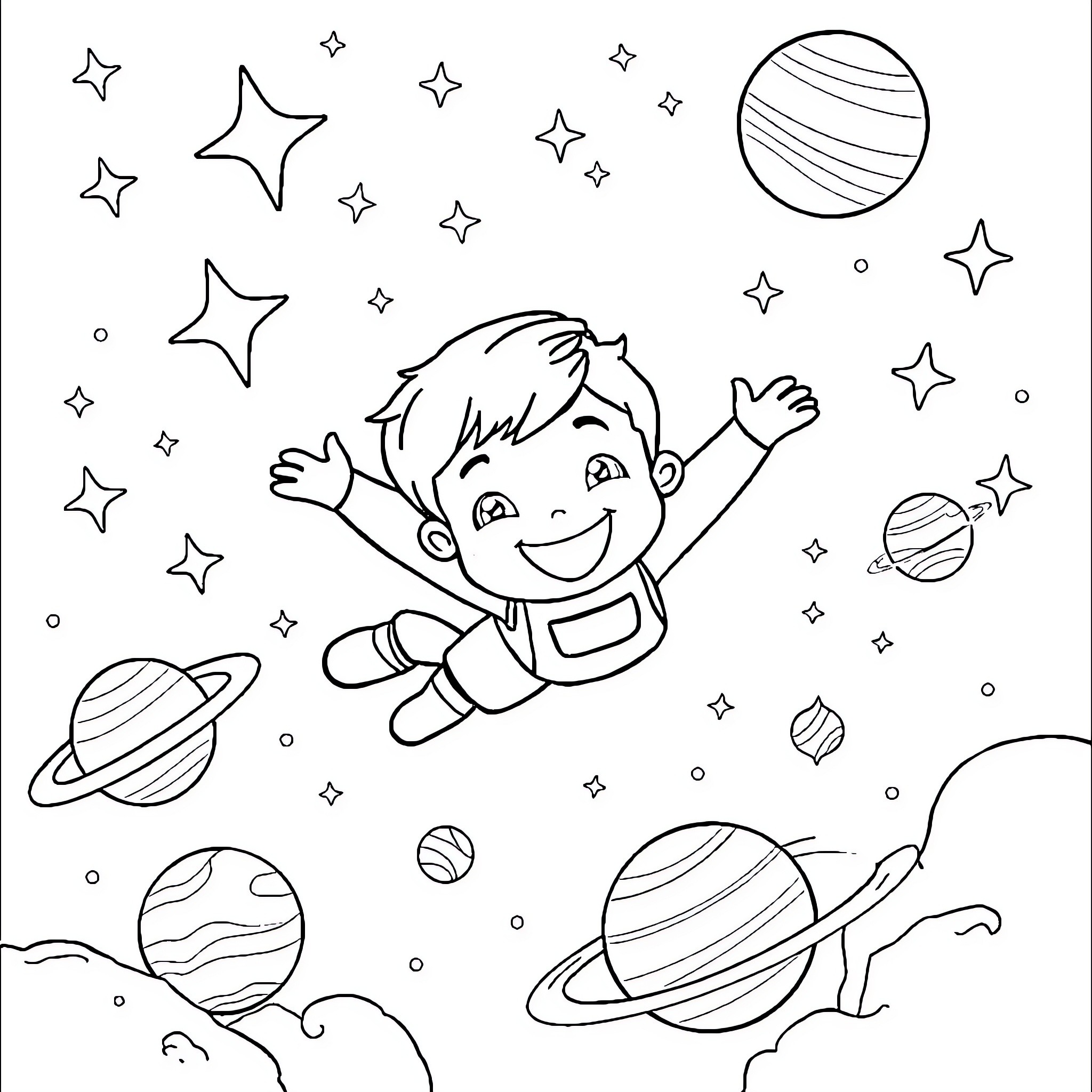 Kid exploring and enjoying the wonders of space Coloring Page (free black-and-white line drawing printable PDF for all, from beginners to advanced learners, including children, teens, adults, and seniors)