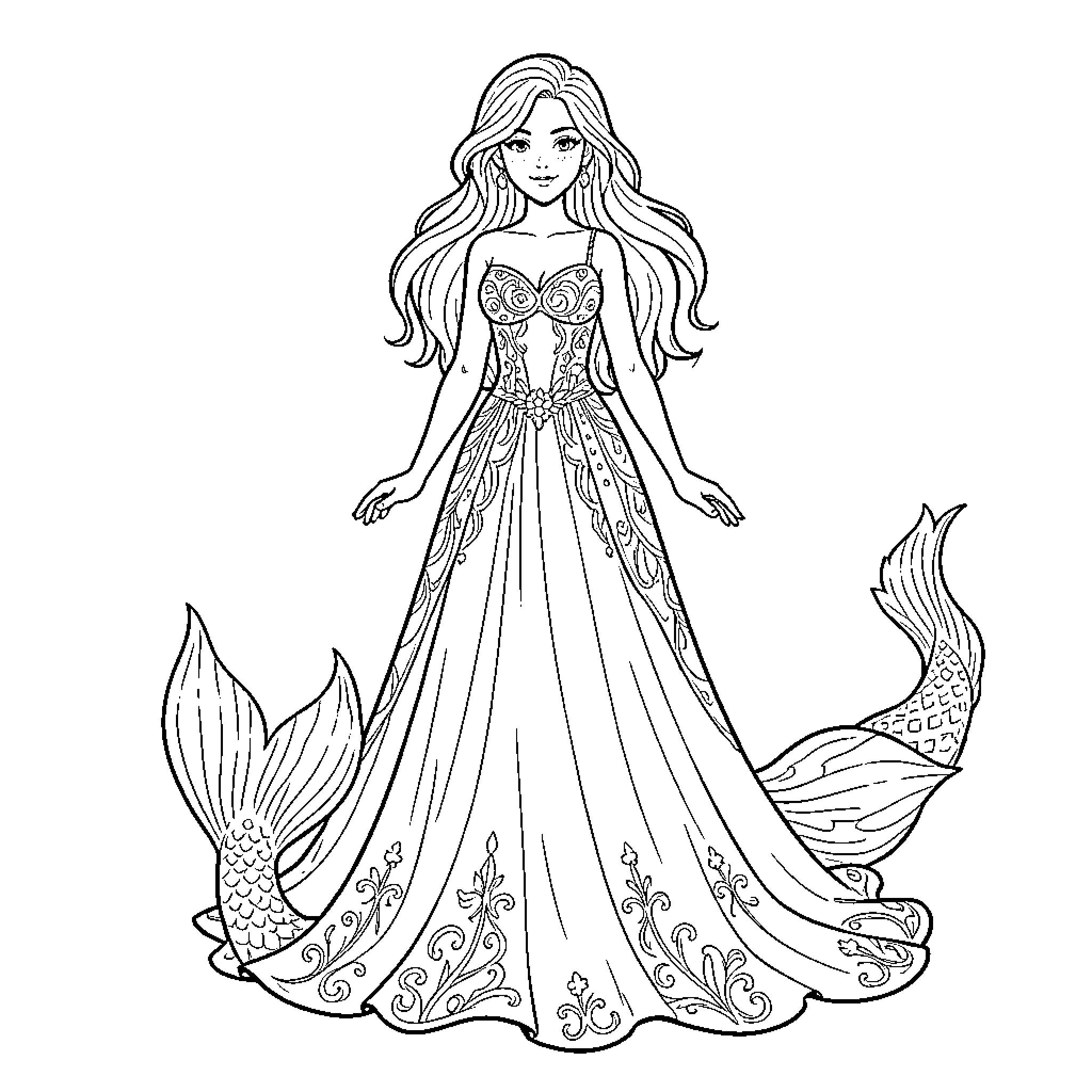 Sirena standing gracefully in an elegant flowing gown Coloring Page (free black-and-white line drawing printable PDF for all, from beginners to advanced learners, including children, teens, adults, and seniors)