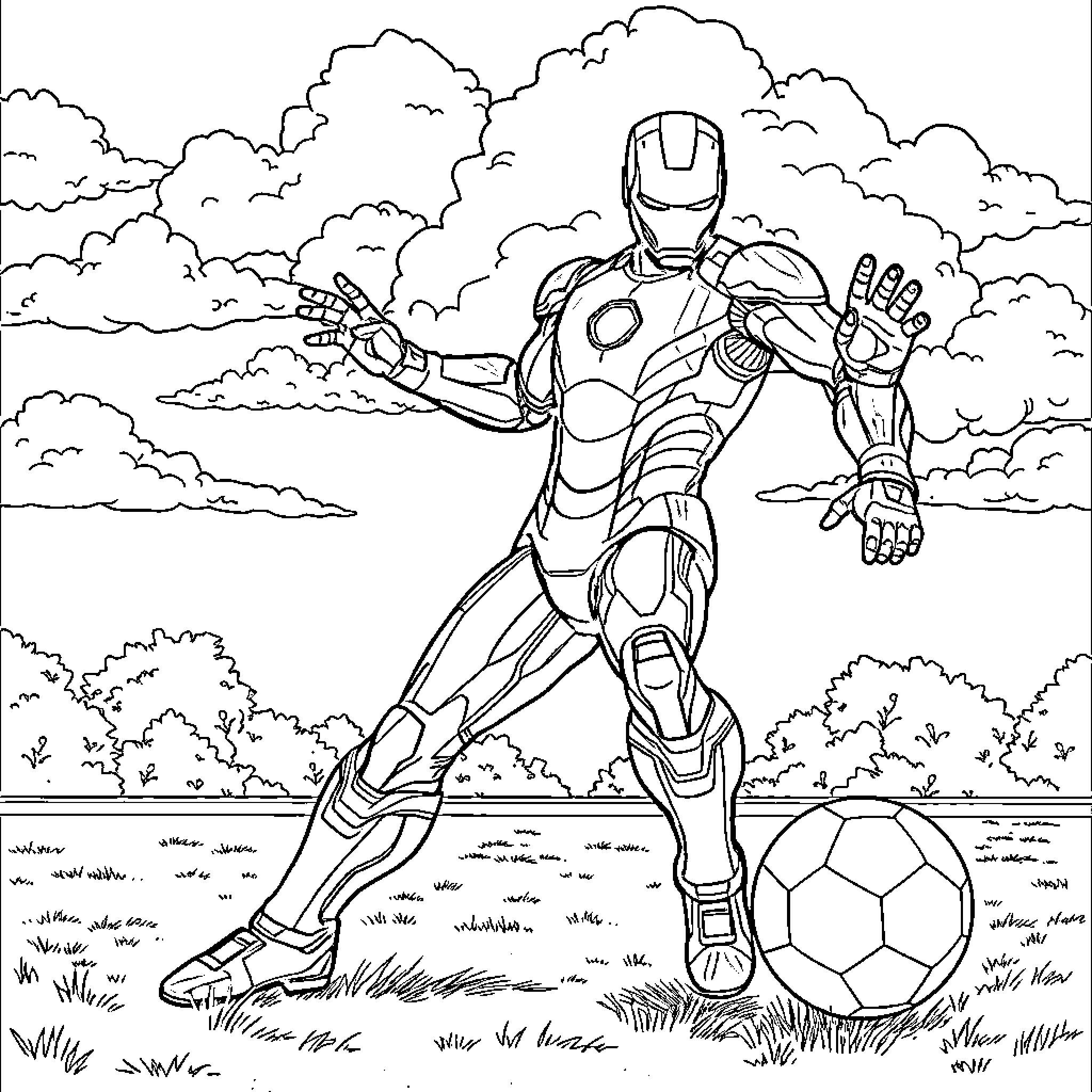 Ironman's Heroic Stance amid Nature's Splendor Coloring Page (free black-and-white line drawing printable PDF for all, from beginners to advanced learners, including children, teens, adults, and seniors)
