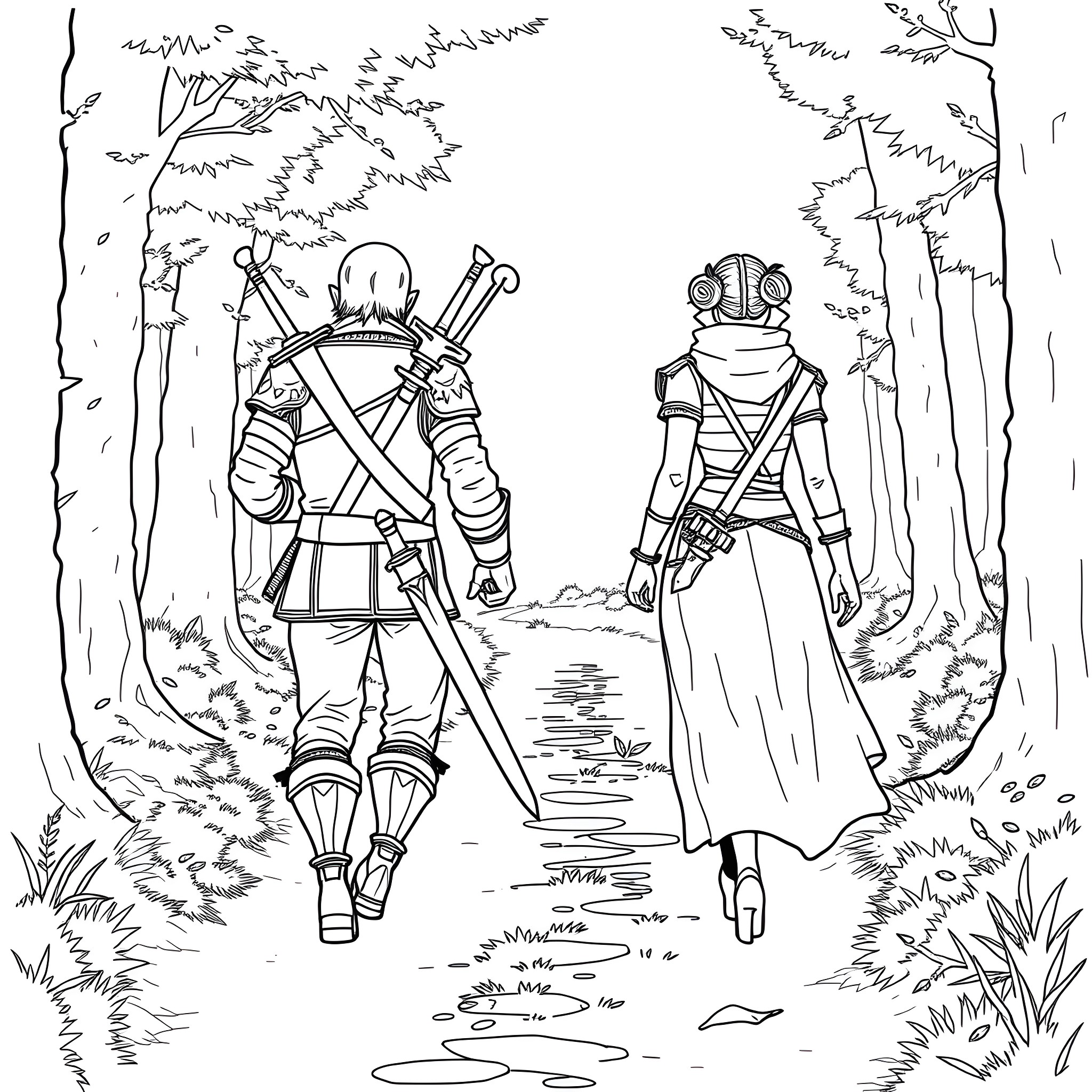Geralt and companion traversing through the forest Coloring Page (free black-and-white line drawing printable PDF for all, from beginners to advanced learners, including children, teens, adults, and seniors)